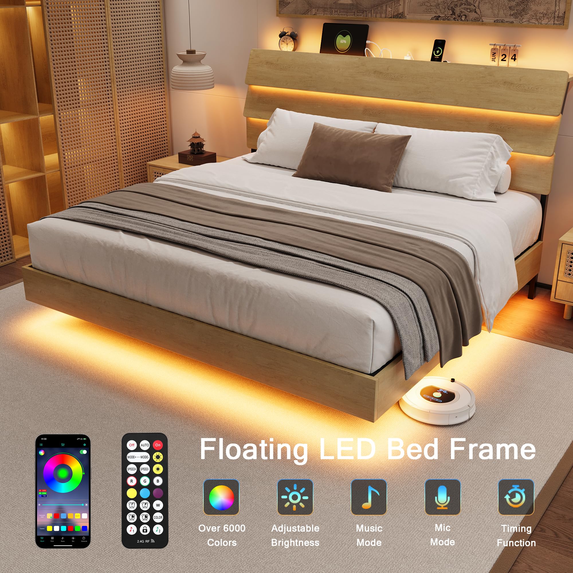 Bed Frame with Charging Station, Led Bed Frame with Wood Storage Headboard