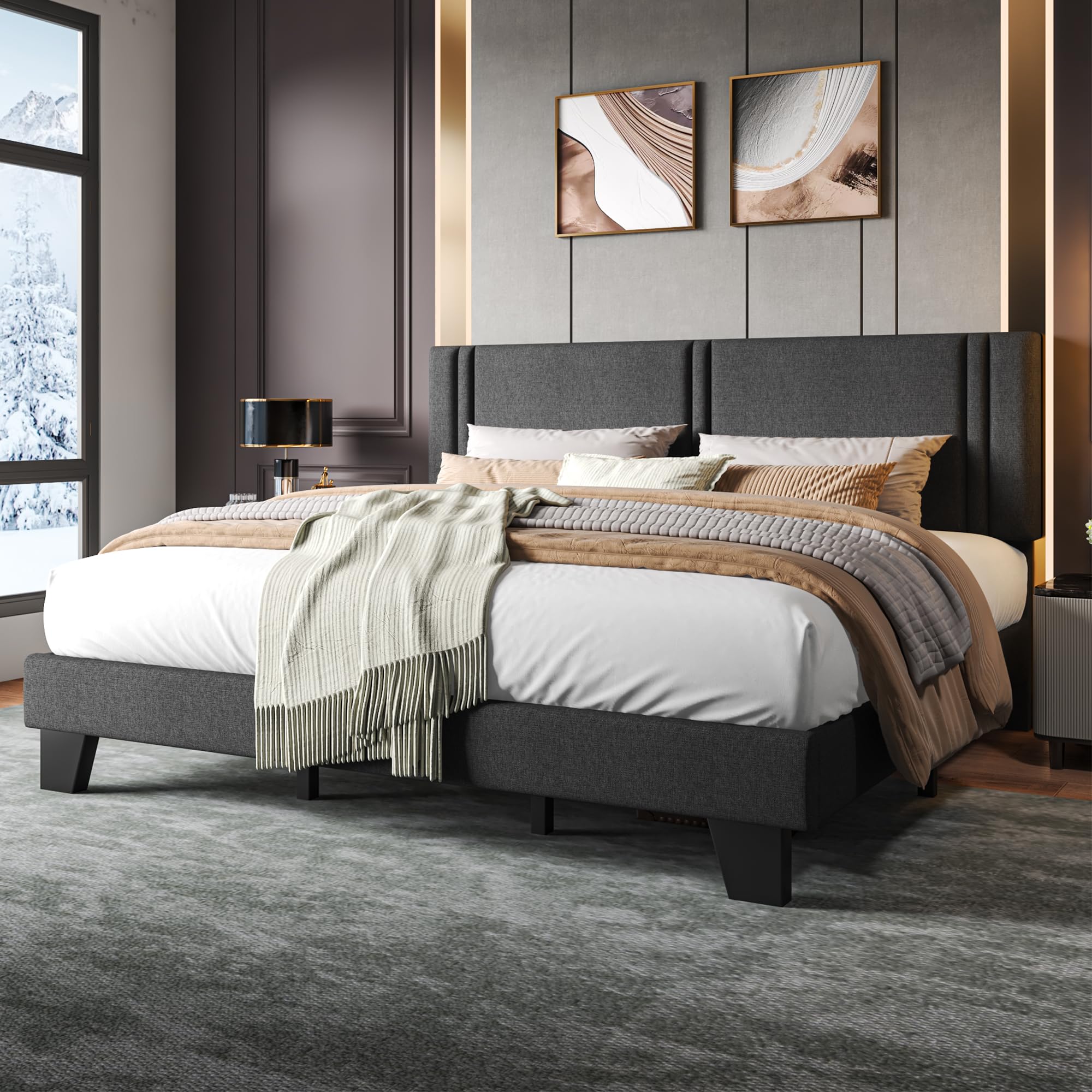 Upholstered Twin Size Bed Frame with Linen Fabric Headboard