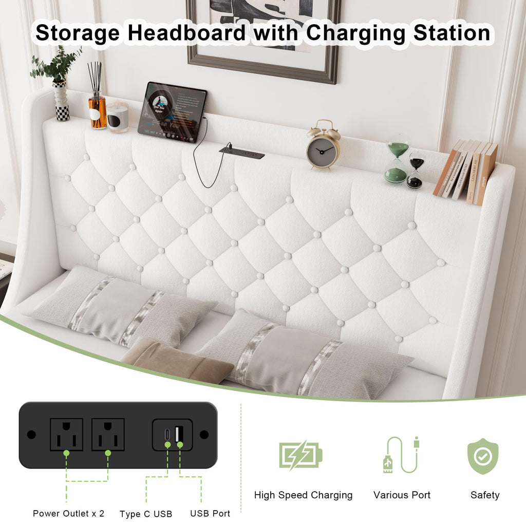 Feonase Upholstered Bed Frame with 4 Storage Drawers and Charging Station
