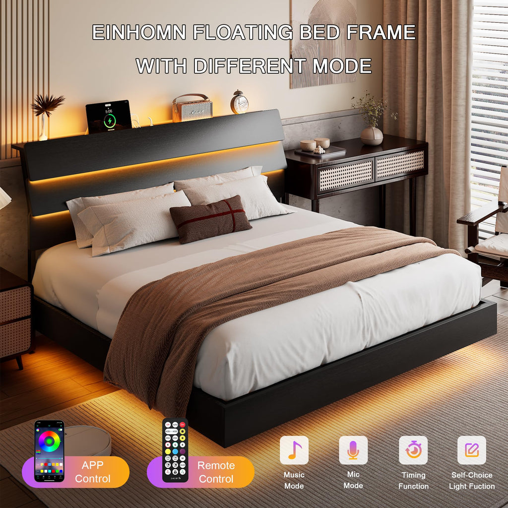 Bed Frame with Charging Station, Led Bed Frame with Wood Storage Headboard