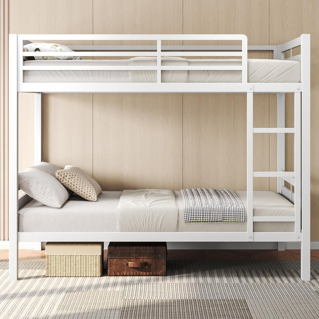 Feonase Metal Bunk Bed Twin Over Twin with Ladder and High Guardrail