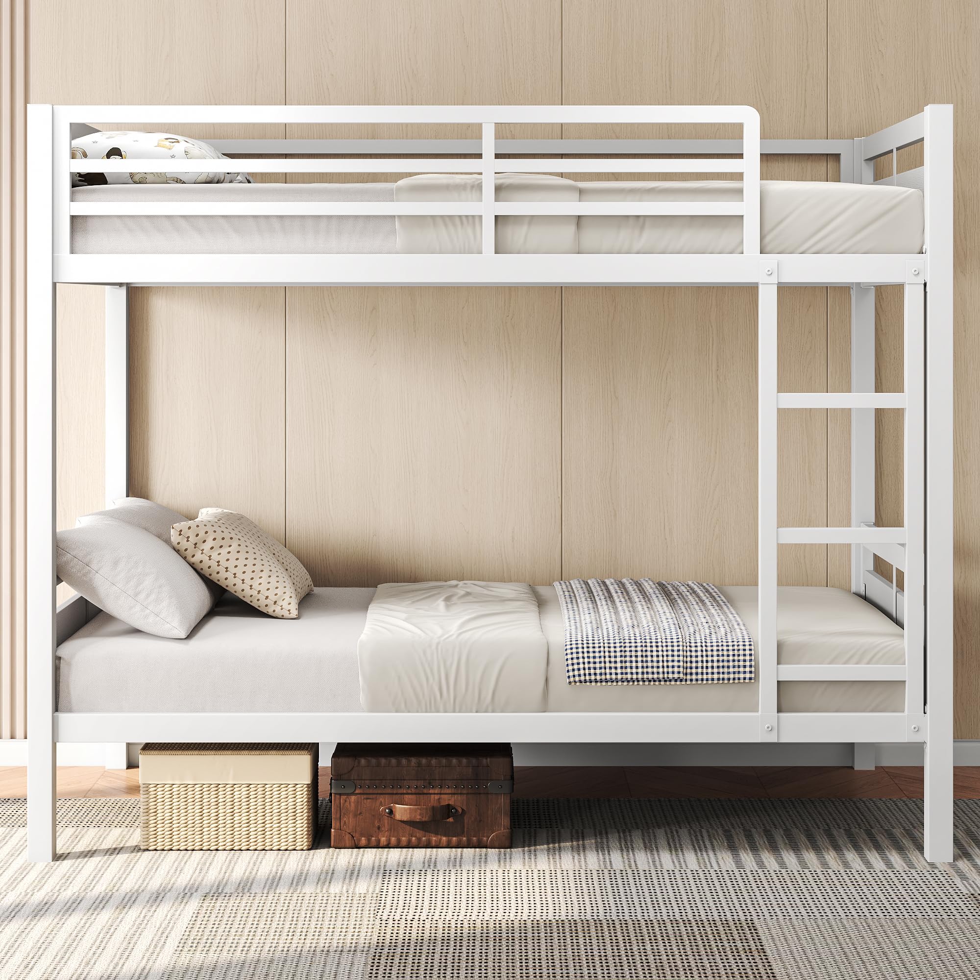 Feonase Metal Bunk Bed Twin Over Twin with Ladder and High Guardrail