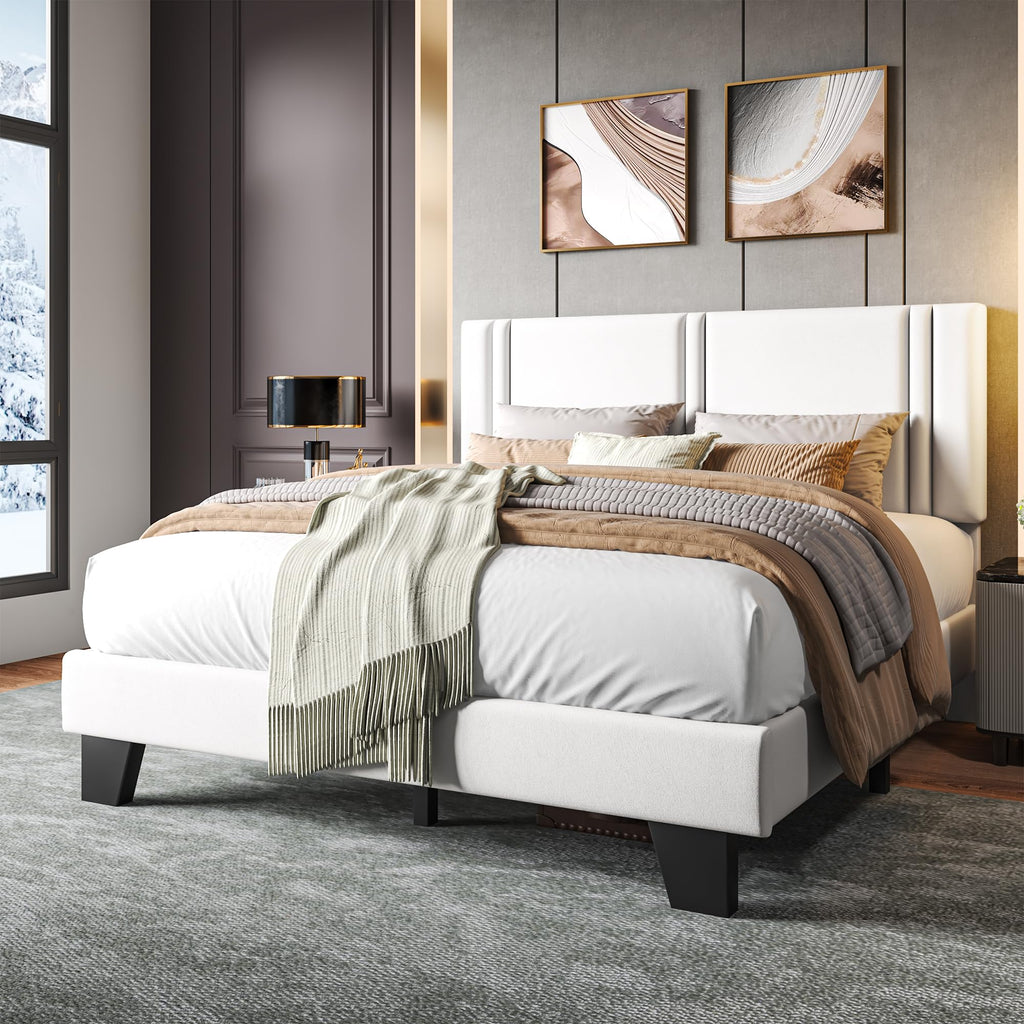 Upholstered Twin Size Bed Frame with Linen Fabric Headboard