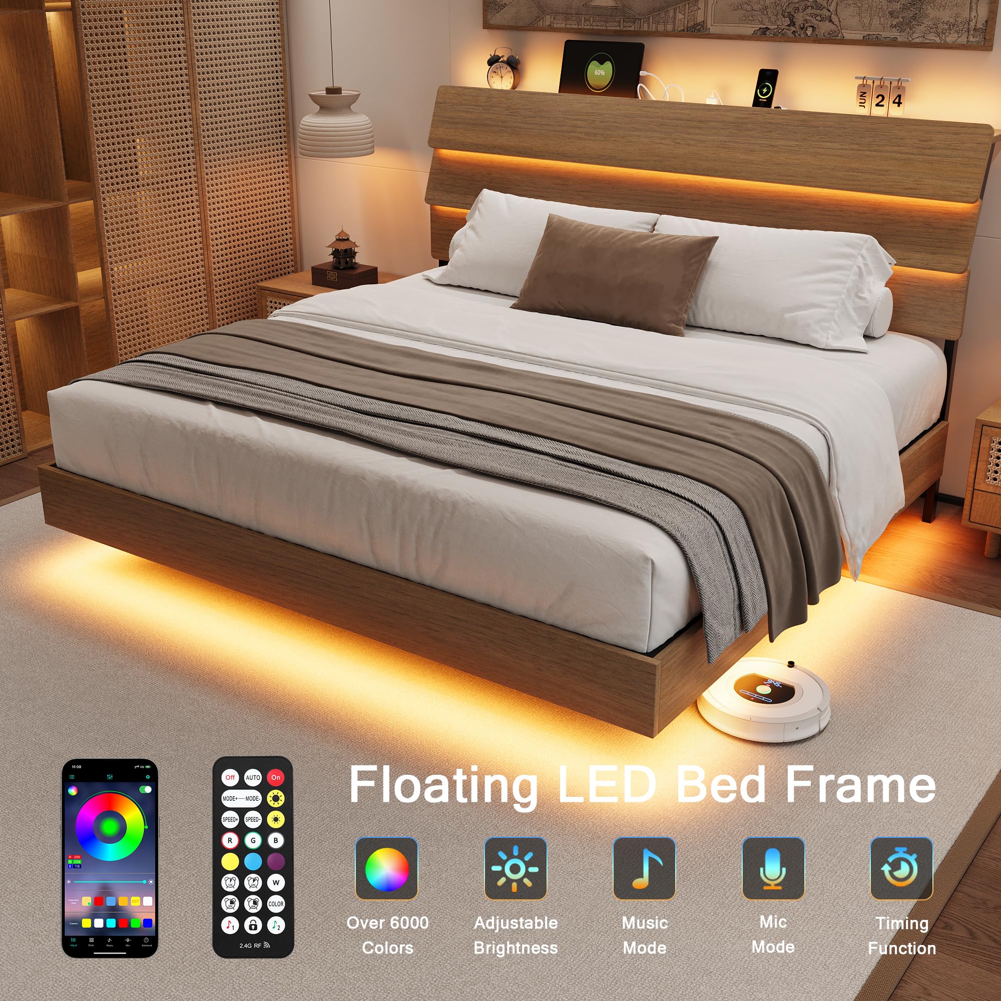 Bed Frame with Charging Station, Led Bed Frame with Wood Storage Headboard