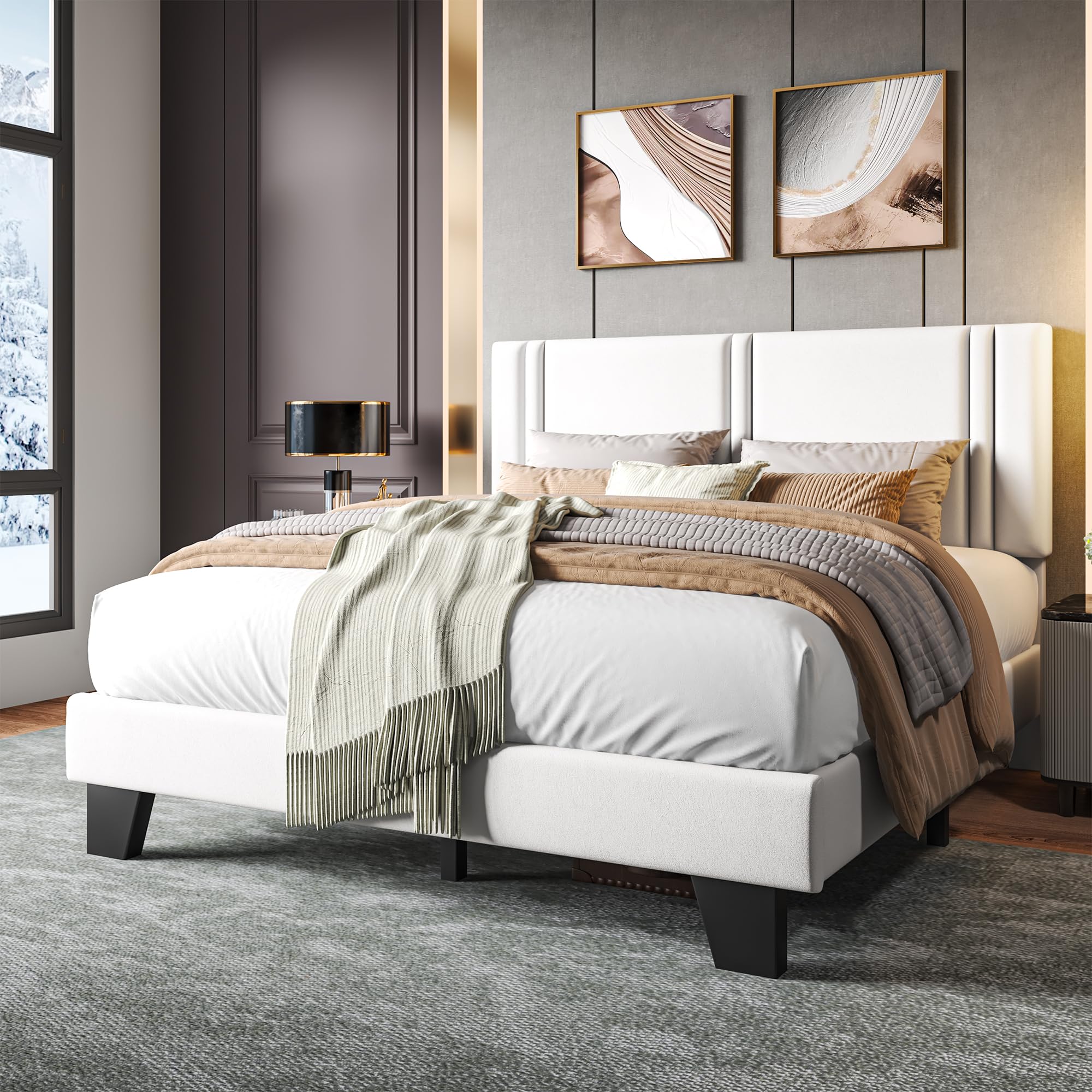 Upholstered Twin Size Bed Frame with Linen Fabric Headboard