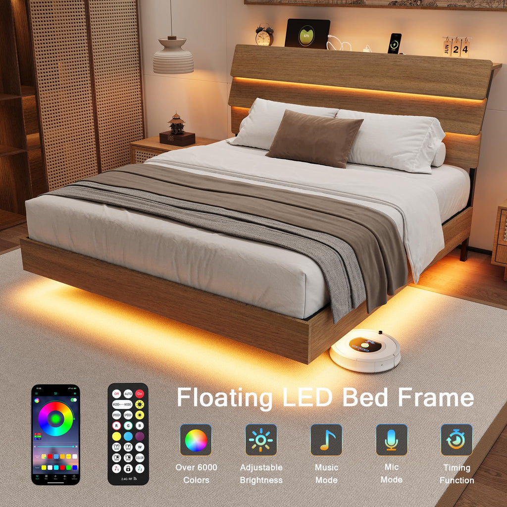 Bed Frame with Charging Station, Led Bed Frame with Wood Storage Headboard