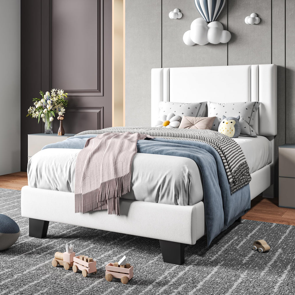 Upholstered Twin Size Bed Frame with Linen Fabric Headboard