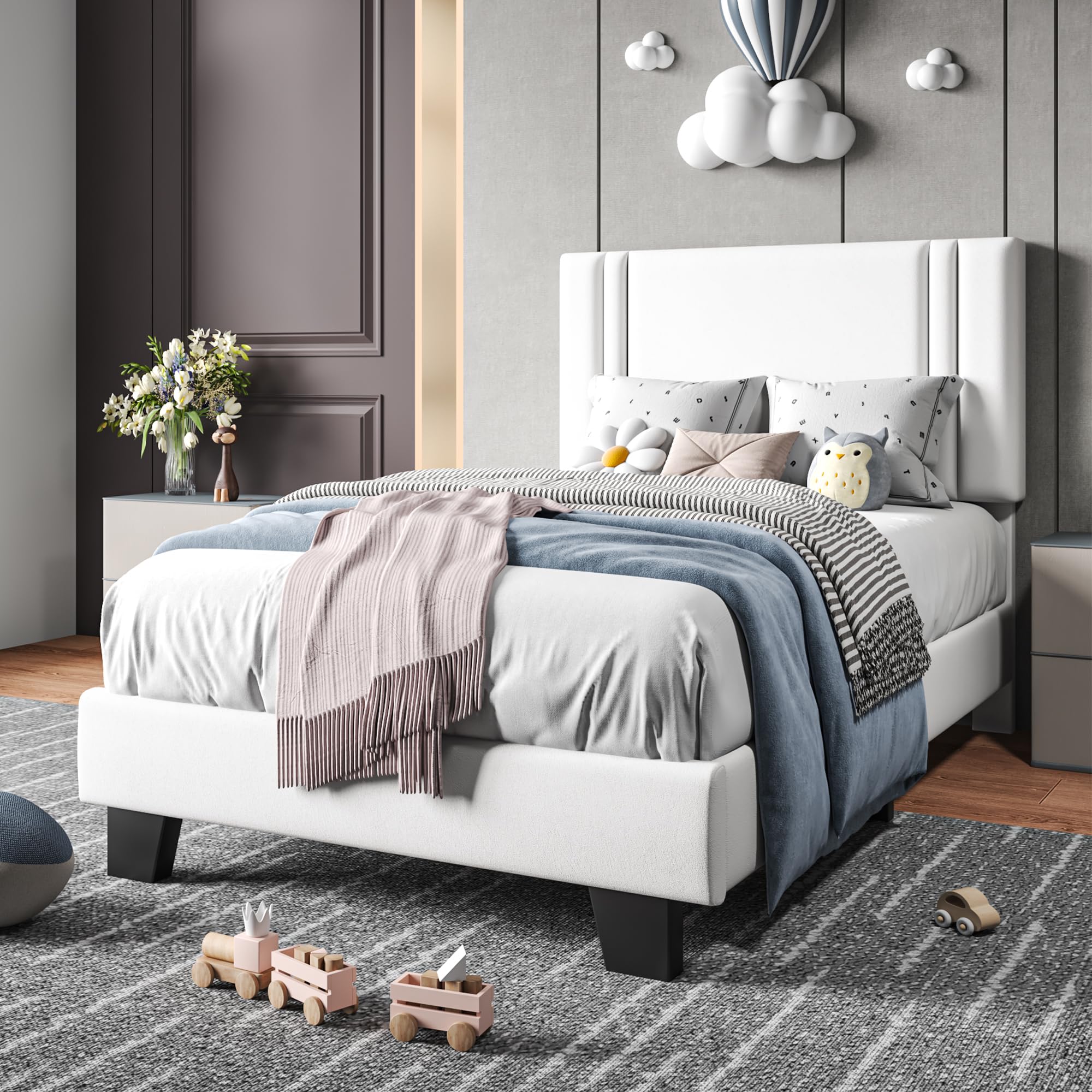 Upholstered Twin Size Bed Frame with Linen Fabric Headboard