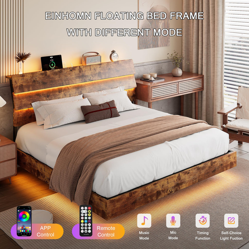 Bed Frame with Charging Station, Led Bed Frame with Wood Storage Headboard
