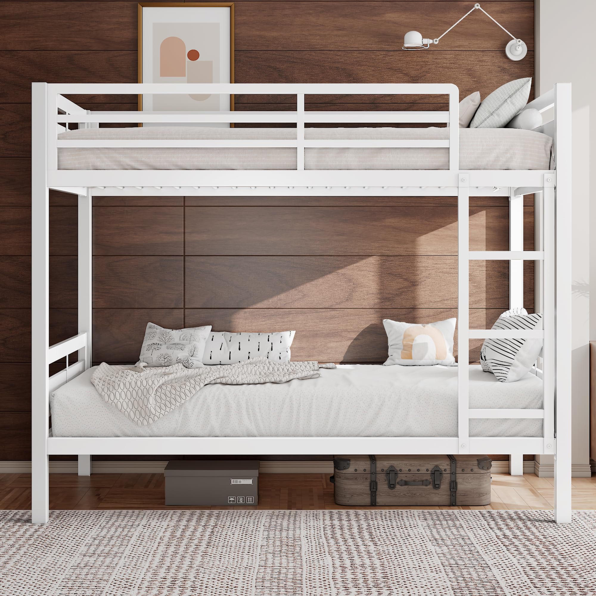 Bunk Bed Twin Over Twin, Heavy Duty Metal Bed with Ladder and Full-Length Guardrail, Under-Bed Storage Space