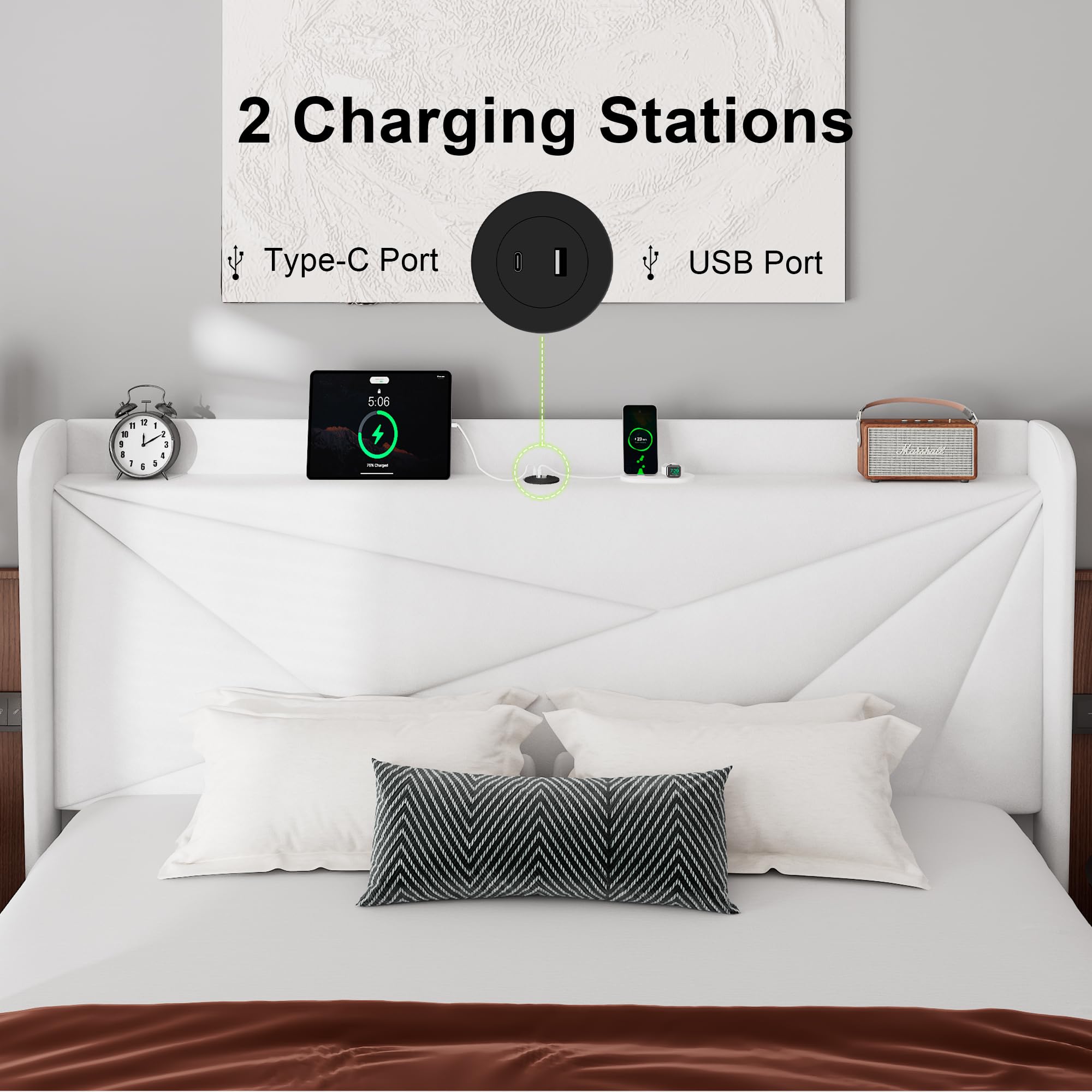 Feonase King Size Bed Frame, Modern Bed Frame with Charging Station