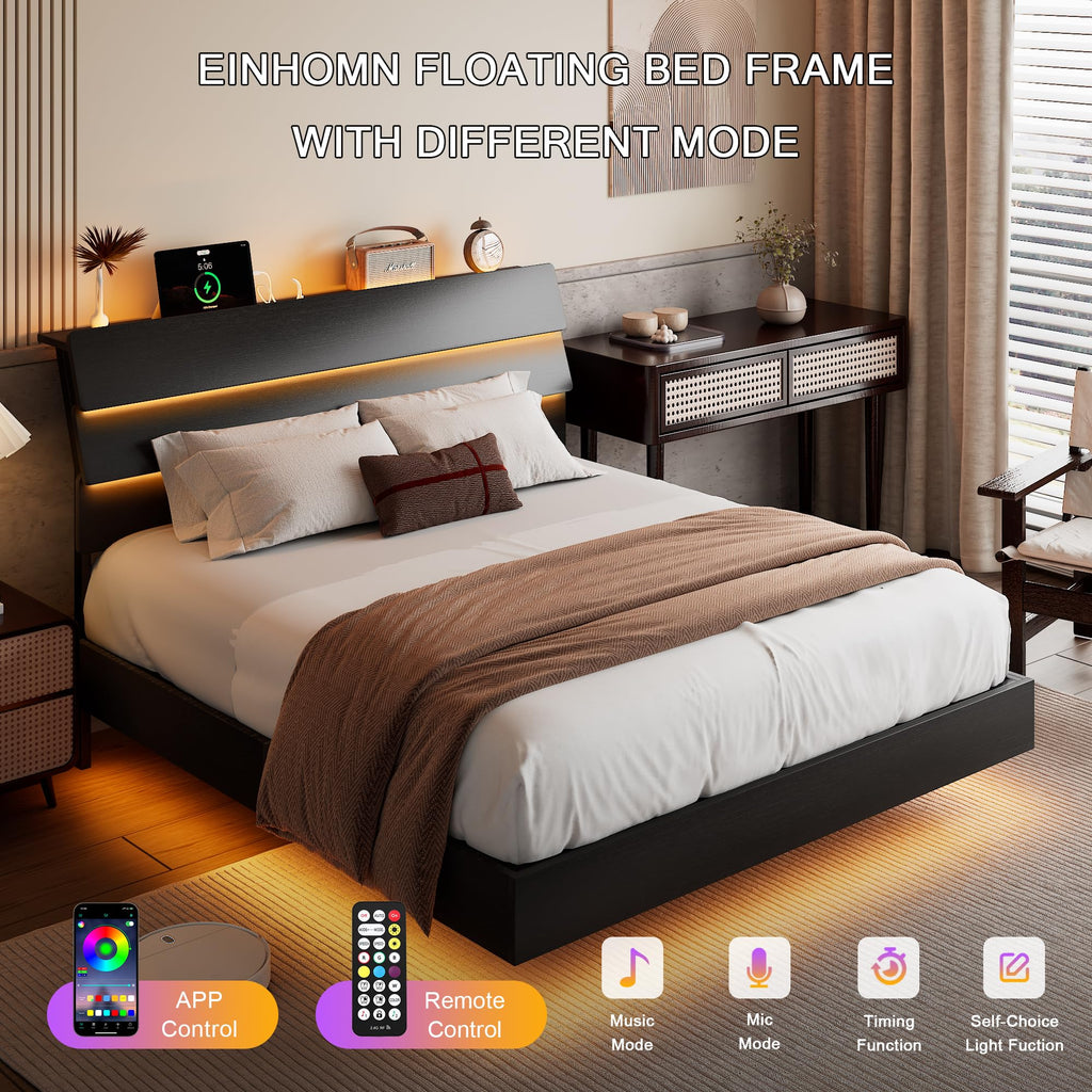 Bed Frame with Charging Station, Led Bed Frame with Wood Storage Headboard