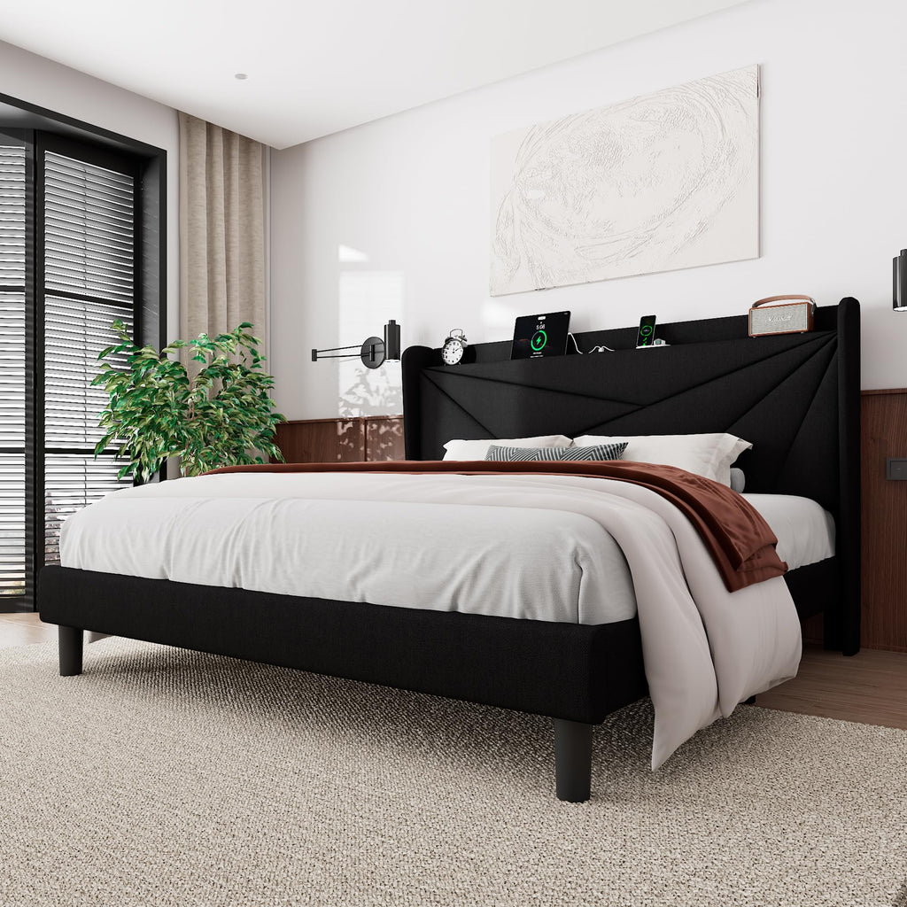 Feonase King Size Bed Frame, Modern Bed Frame with Charging Station