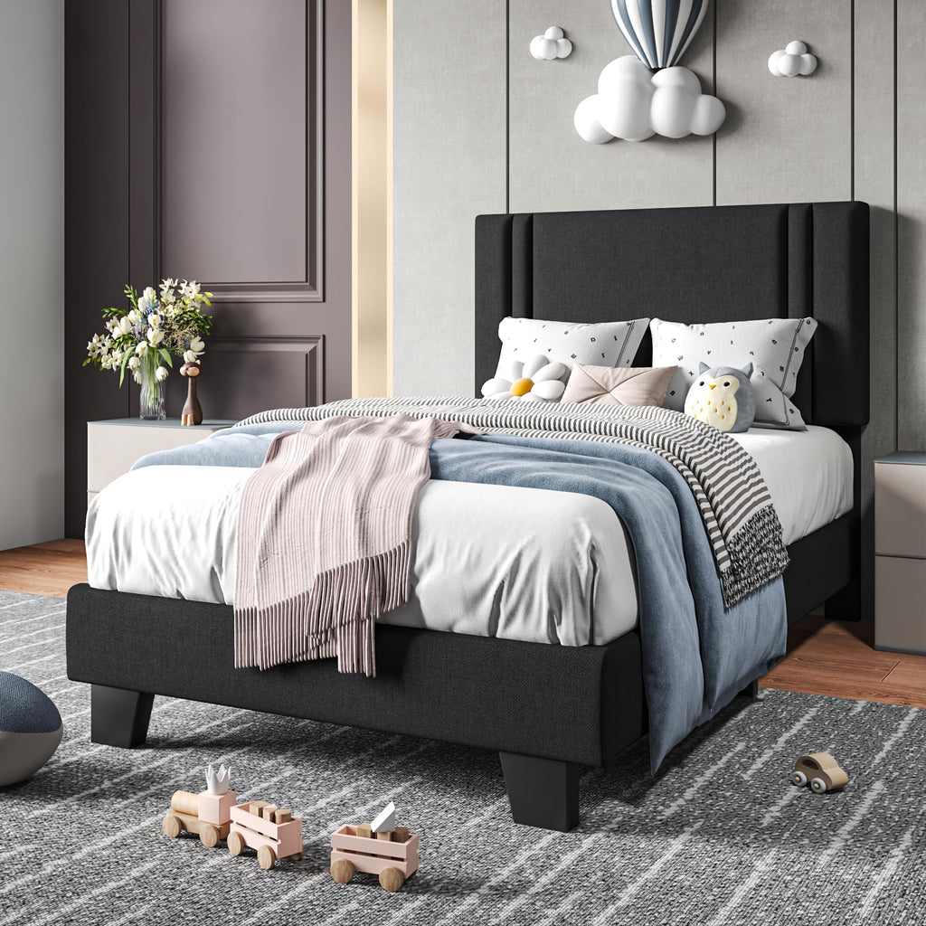 Upholstered Twin Size Bed Frame with Linen Fabric Headboard