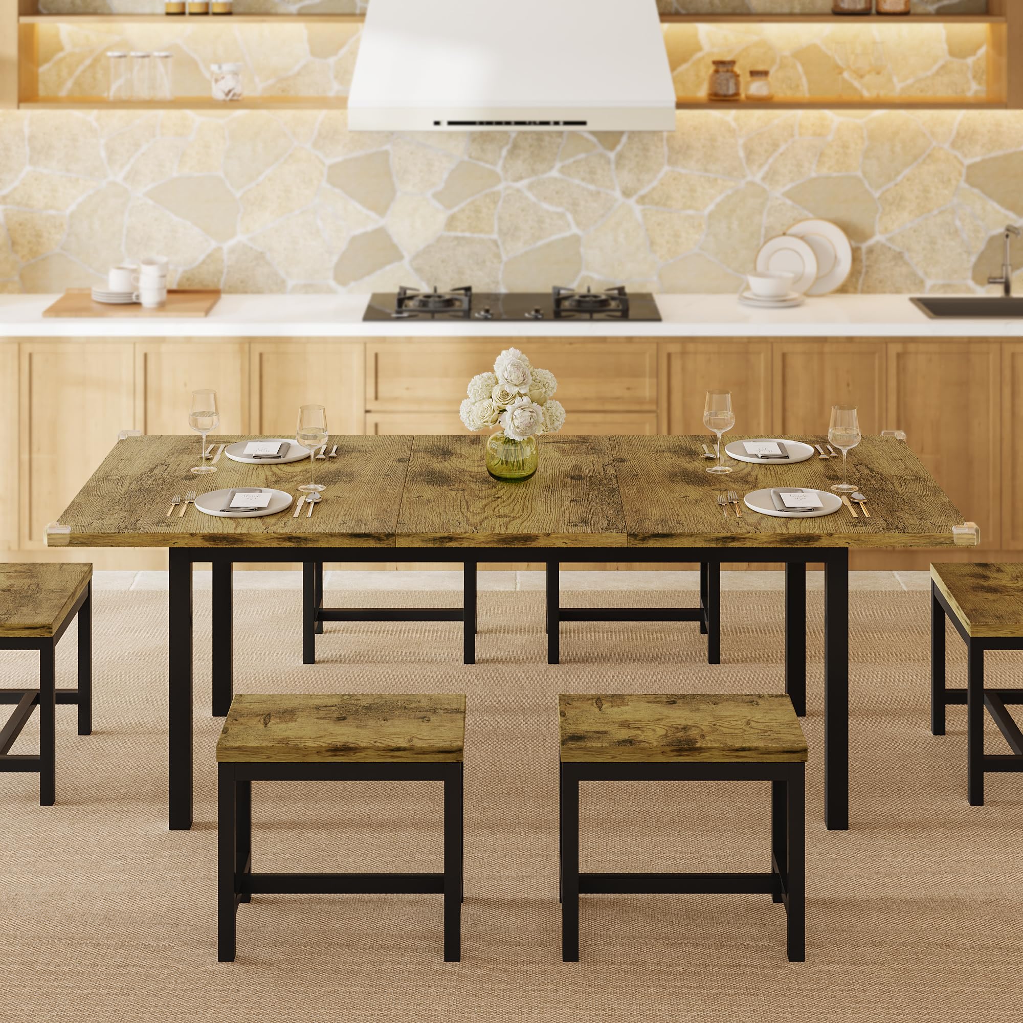 iPormis 7-Piece 63" Extendable Dining Table Set for 4-8 People, Mid-Century