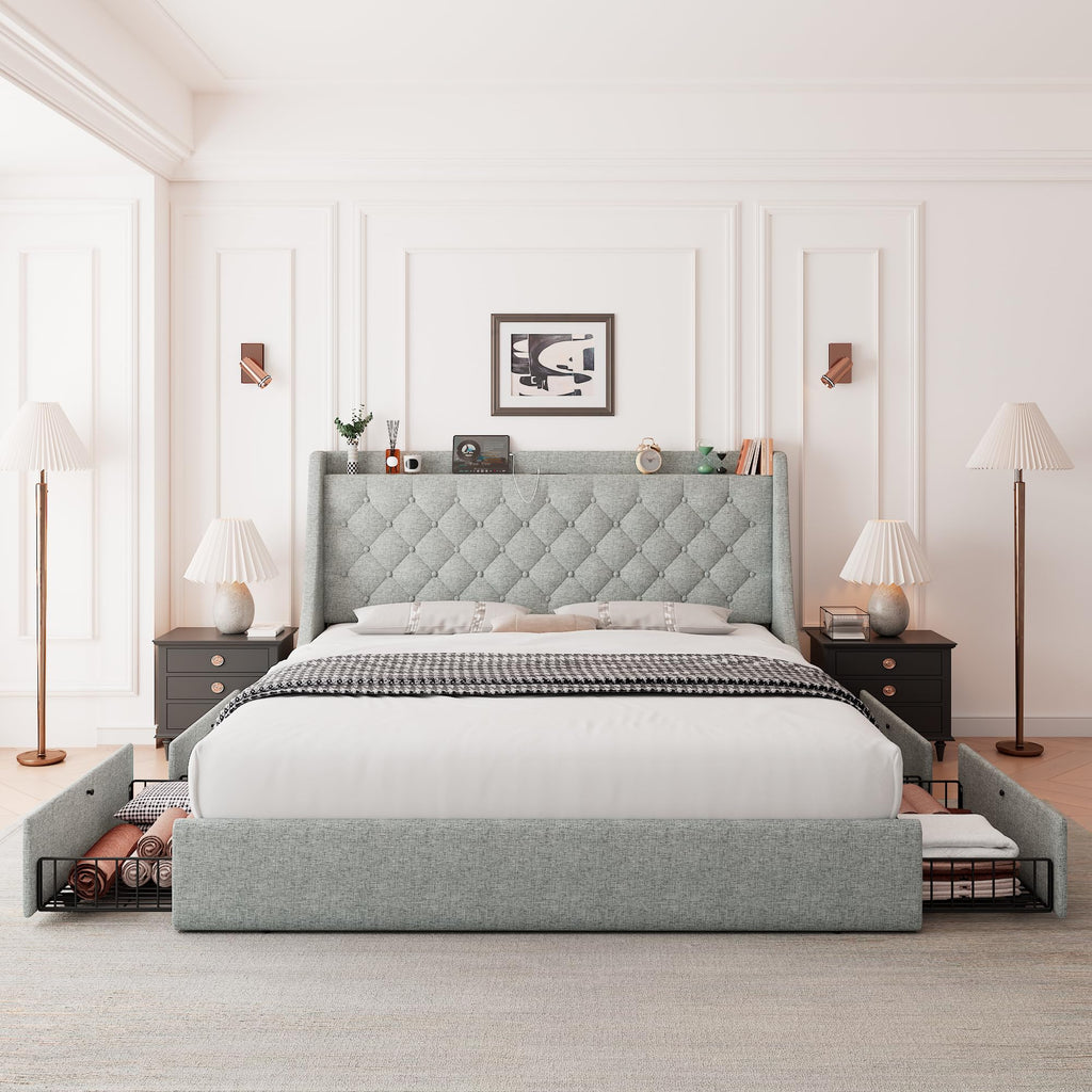 Feonase Upholstered Bed Frame with 4 Storage Drawers and Charging Station