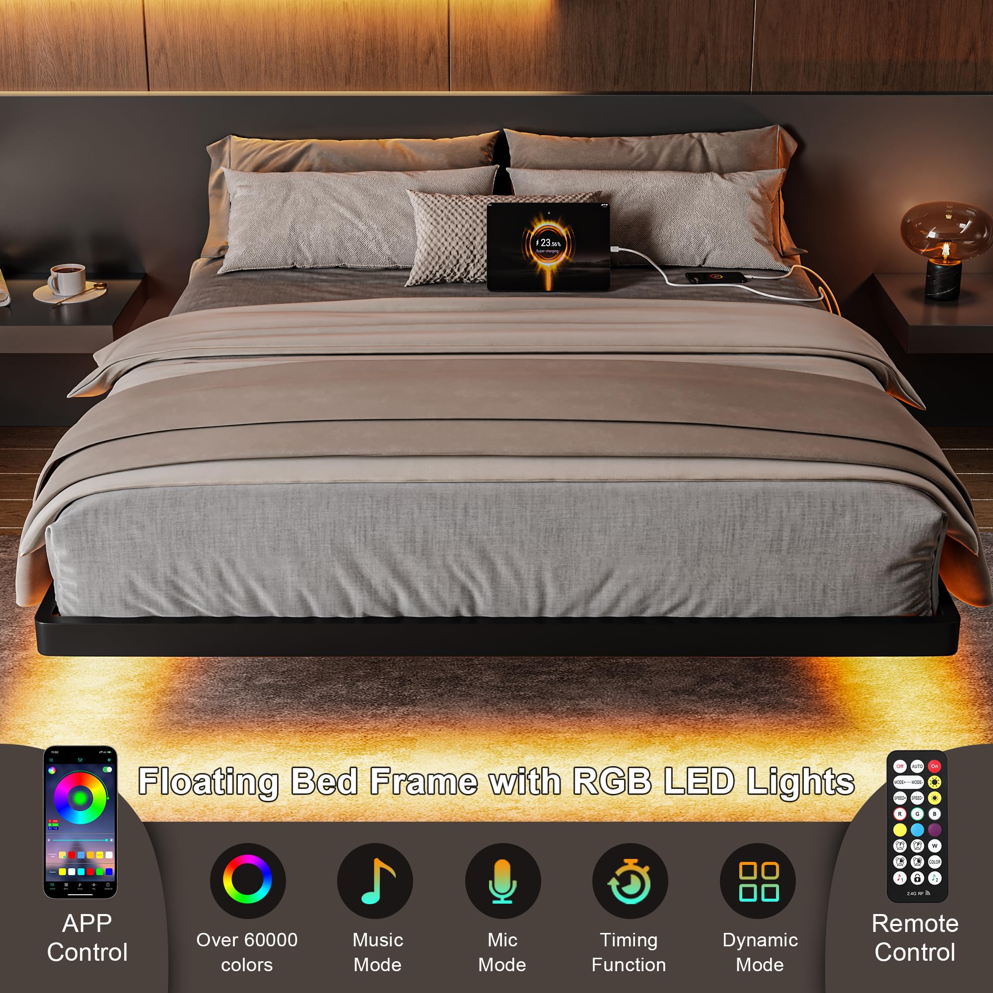 Feonase Floating Bed Frame with Charging Station and Led Lights
