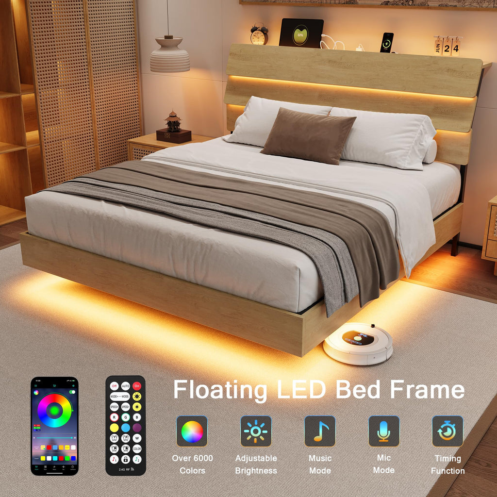 Bed Frame with Charging Station, Led Bed Frame with Wood Storage Headboard