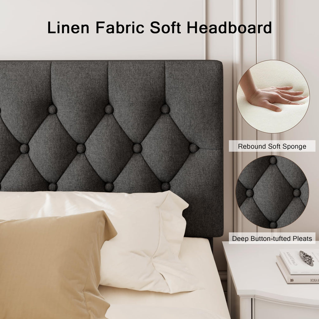 Velvet Bed Frame with Headboard, Button Tufted Upholstered Bed Base