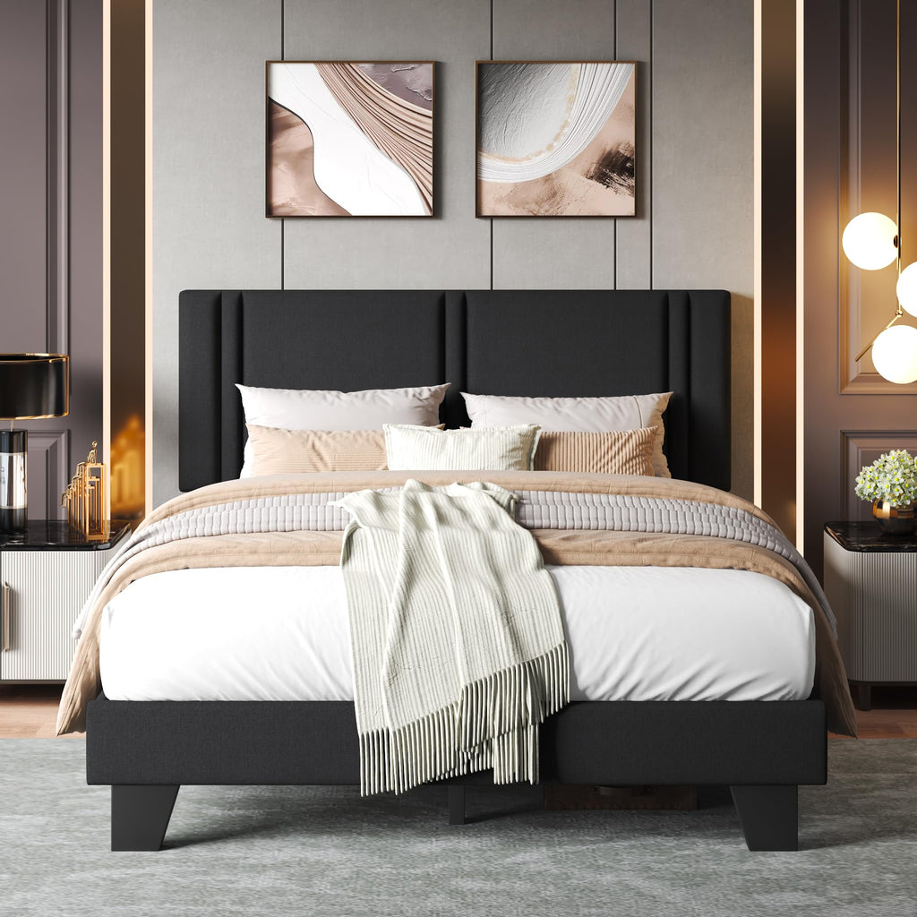 Upholstered Twin Size Bed Frame with Linen Fabric Headboard