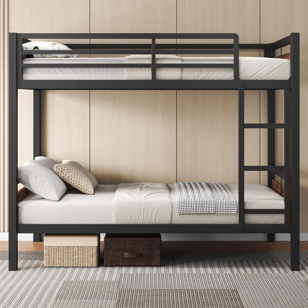 Feonase Metal Bunk Bed Twin Over Twin with Ladder and High Guardrail