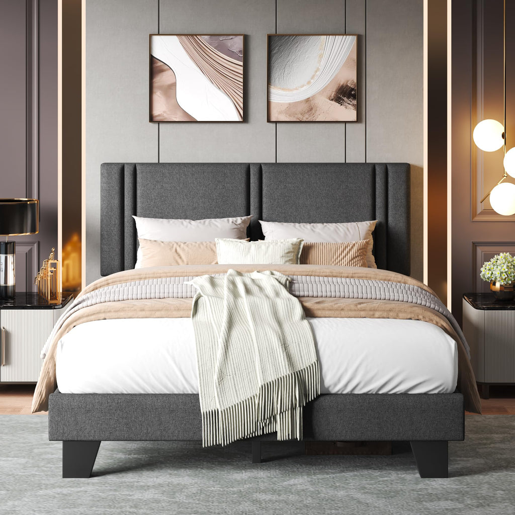 Upholstered Twin Size Bed Frame with Linen Fabric Headboard