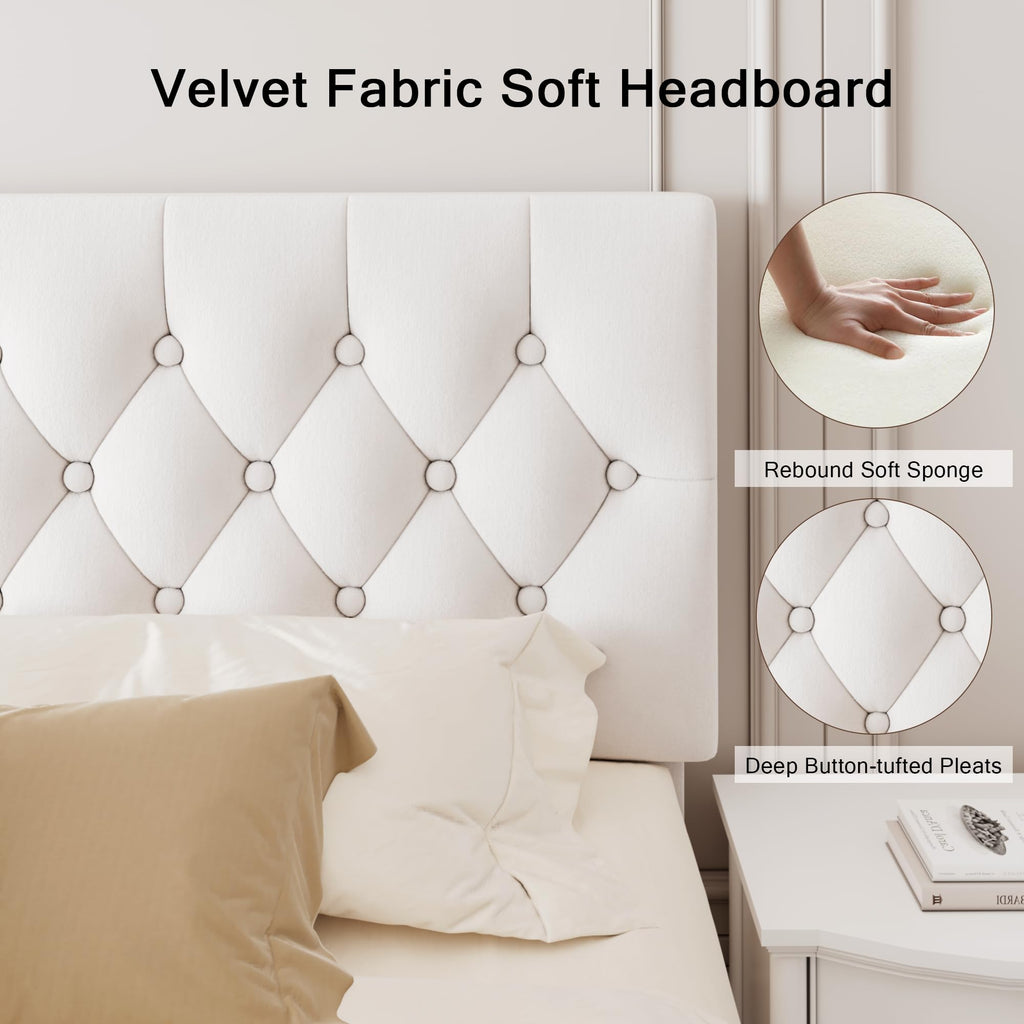 Velvet Bed Frame with Headboard, Button Tufted Upholstered Bed Base