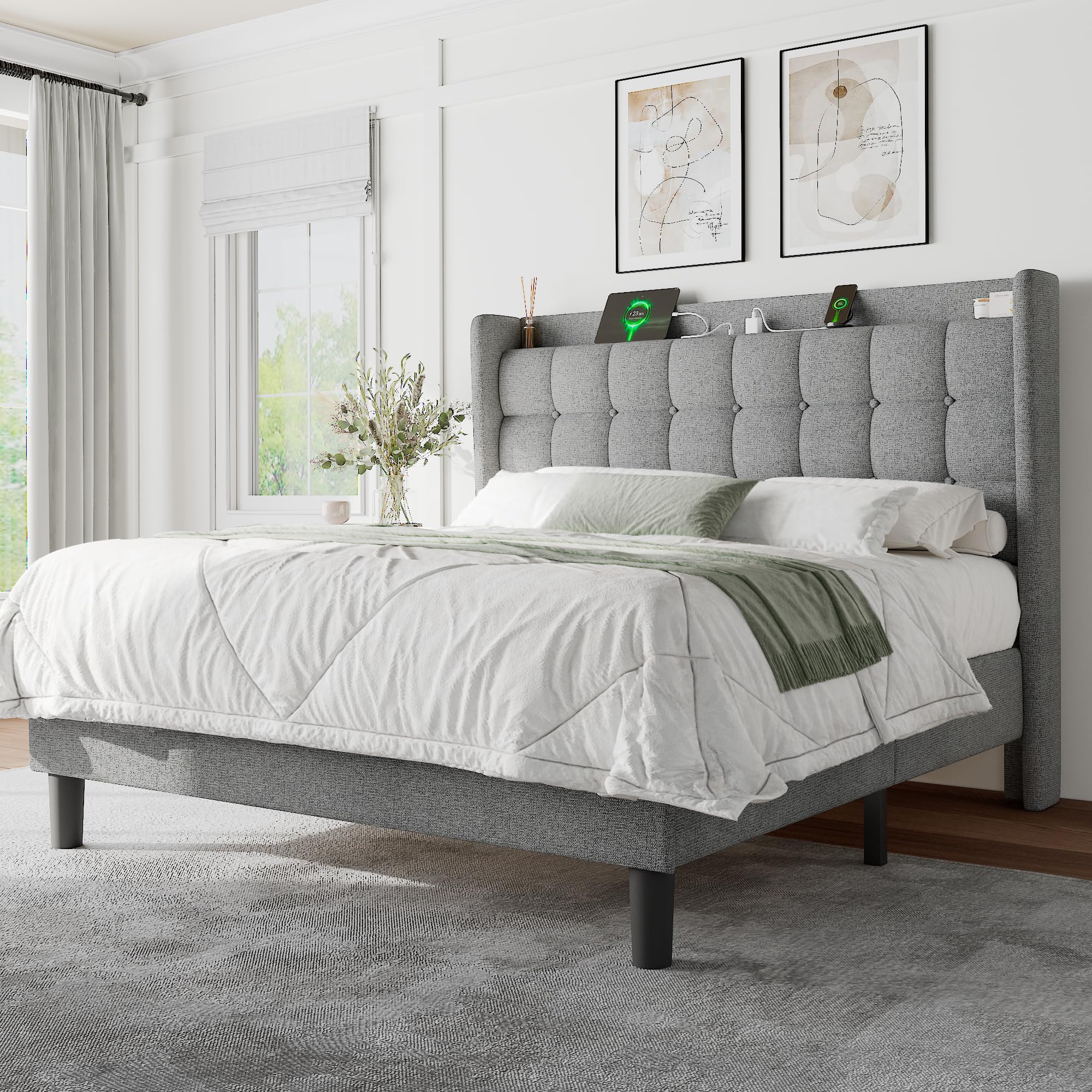 Feonase Bed Frame with Charging Station, Upholstered Platform Frame with Wingback Storage Headboard