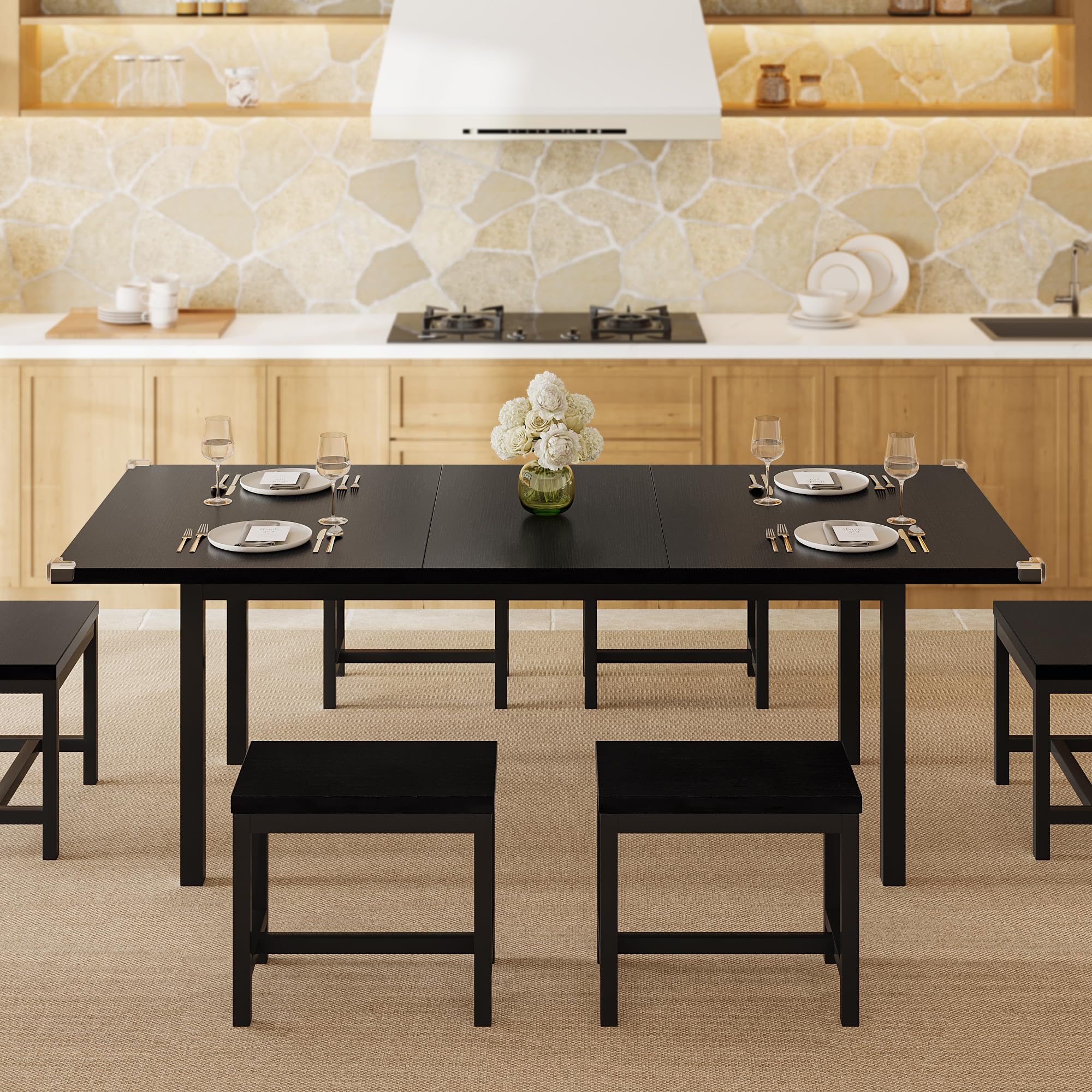 iPormis 7-Piece 63" Extendable Dining Table Set for 4-8 People, Mid-Century