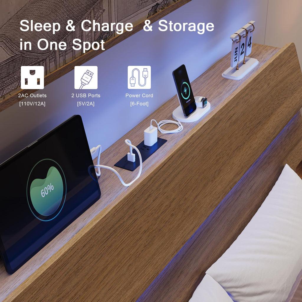 Bed Frame with Charging Station, Led Bed Frame with Wood Storage Headboard