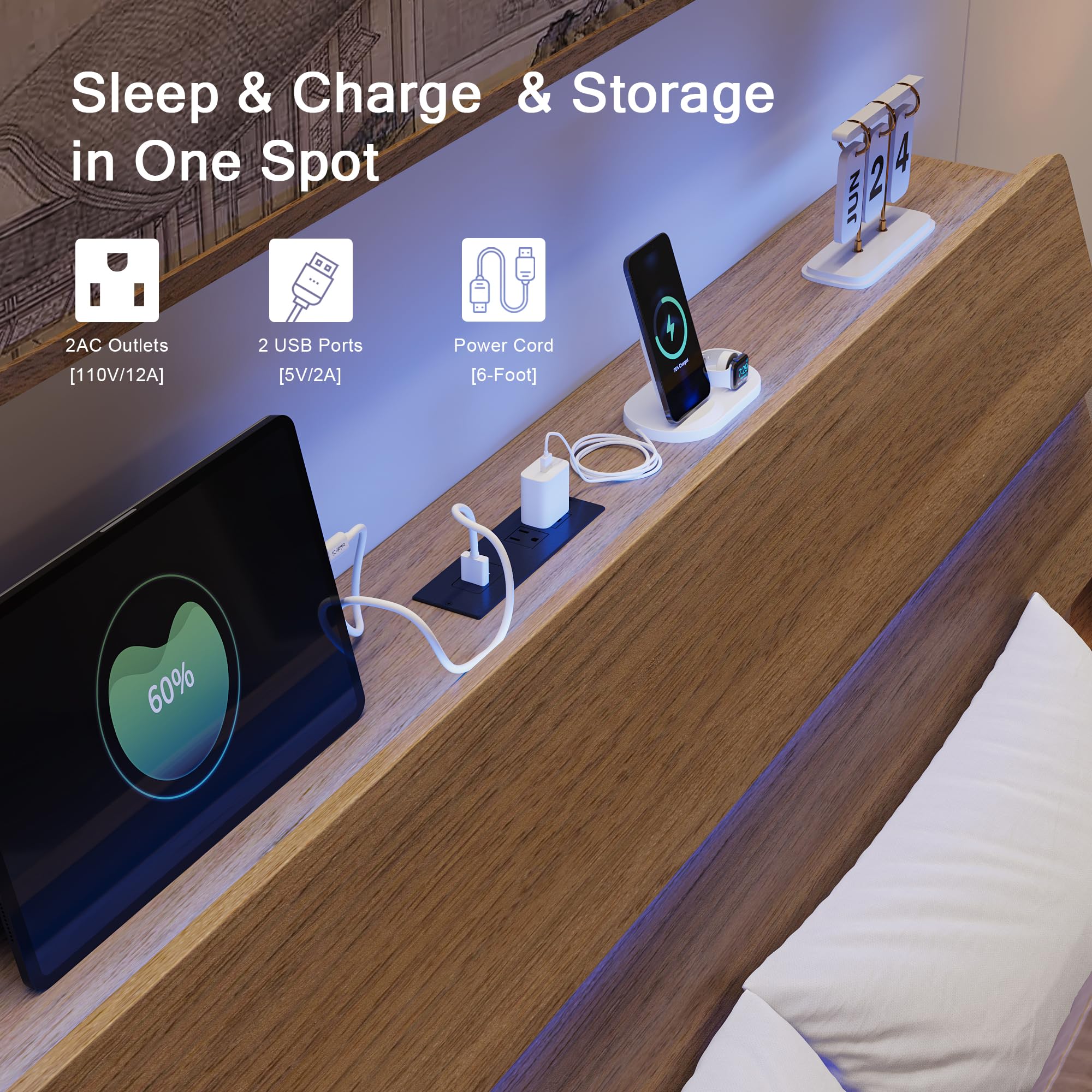 Bed Frame with Charging Station, Led Bed Frame with Wood Storage Headboard
