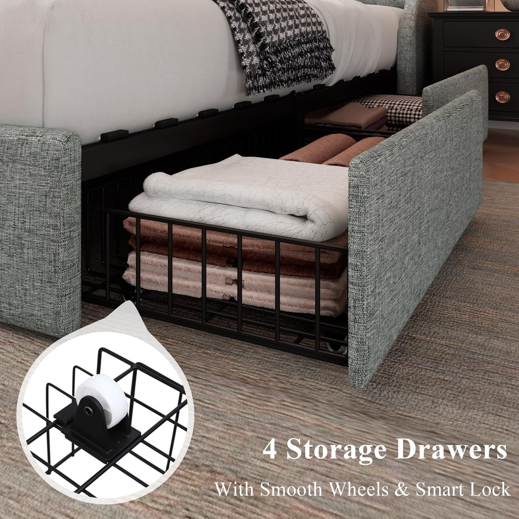 Feonase Upholstered Bed Frame with 4 Storage Drawers and Charging Station