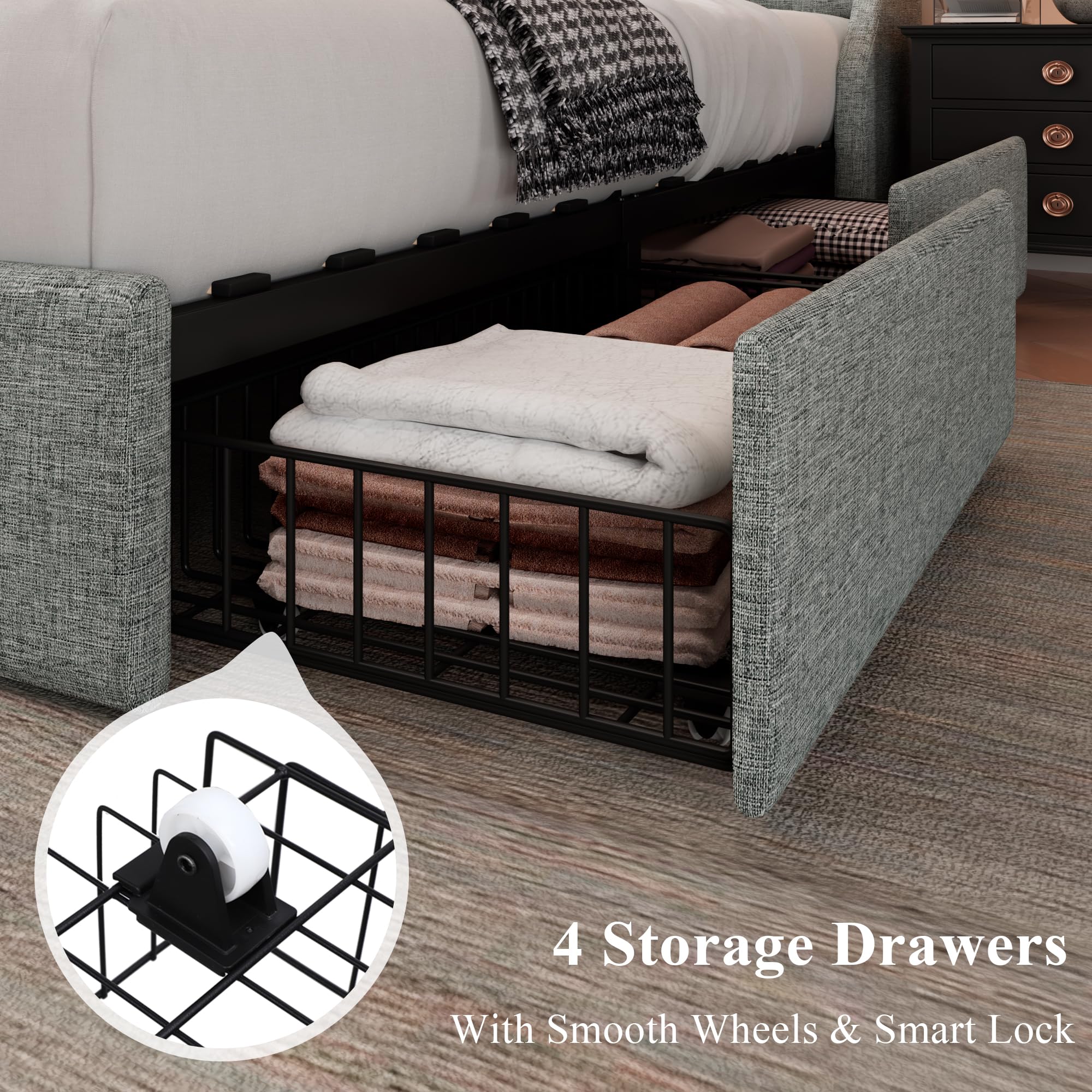 Feonase Upholstered Bed Frame with 4 Storage Drawers and Charging Station