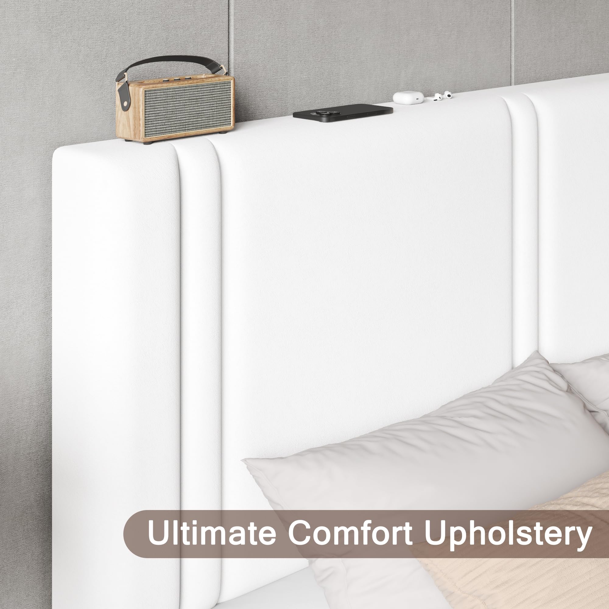 Upholstered Twin Size Bed Frame with Linen Fabric Headboard