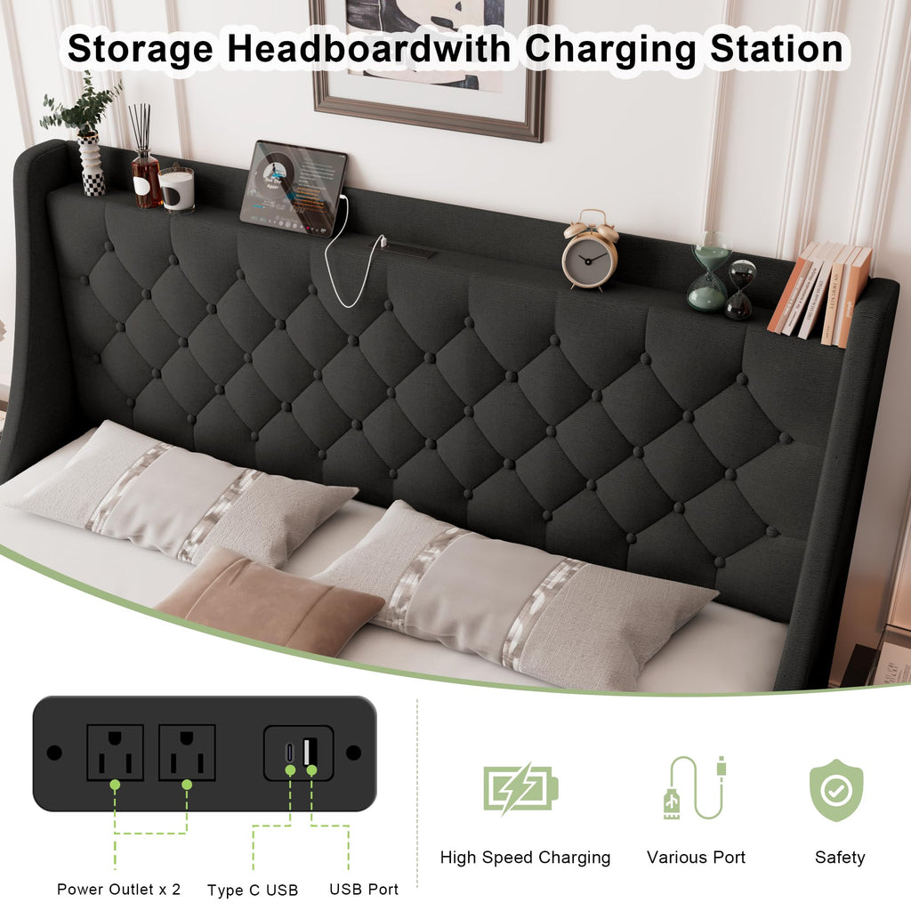 Feonase Upholstered Bed Frame with 4 Storage Drawers and Charging Station