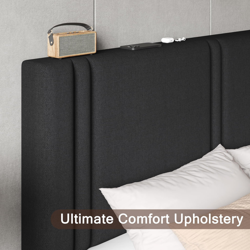 Upholstered Twin Size Bed Frame with Linen Fabric Headboard