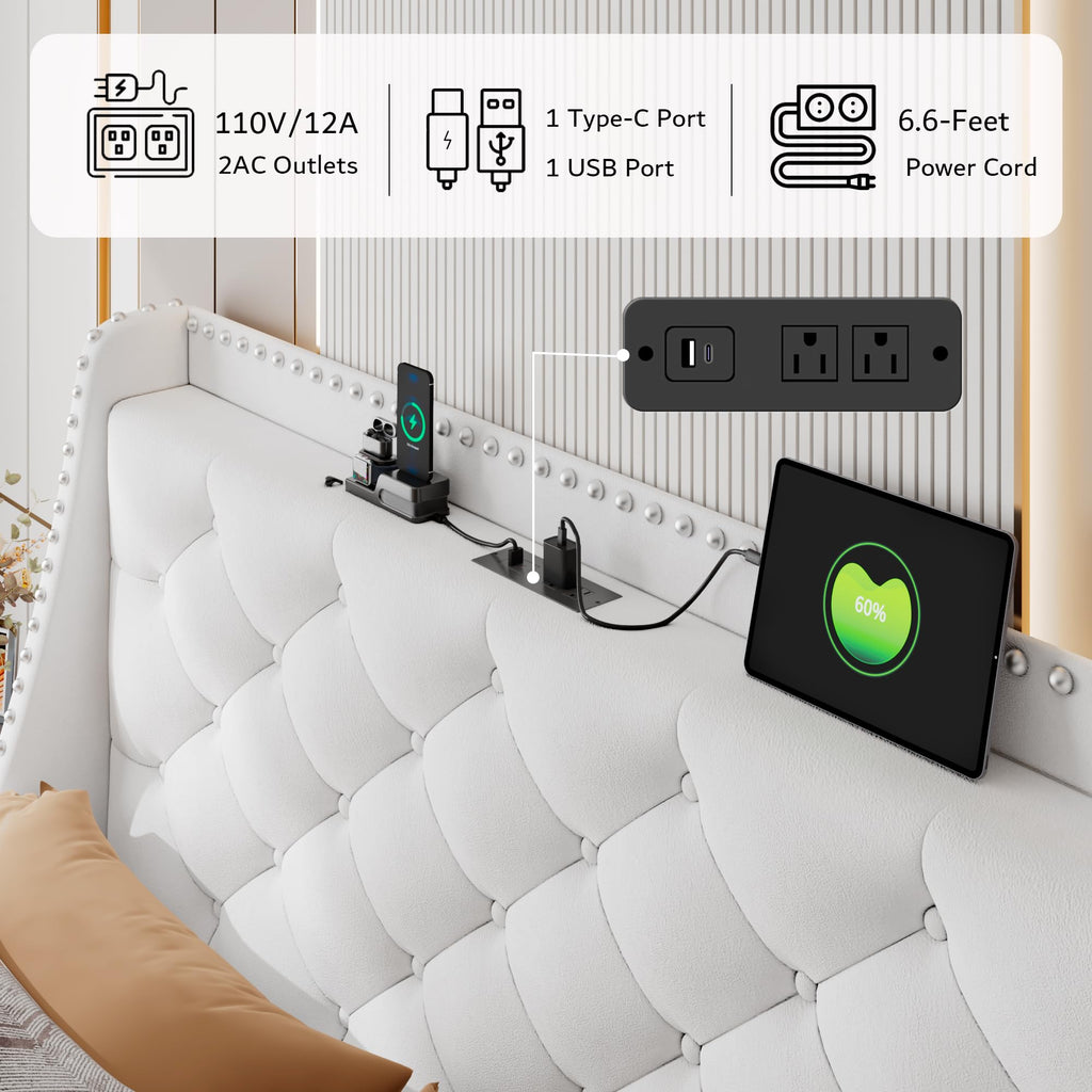 iPormis Full Bed Frame with Upholstered Wingback Button Tufted Storage Headboard