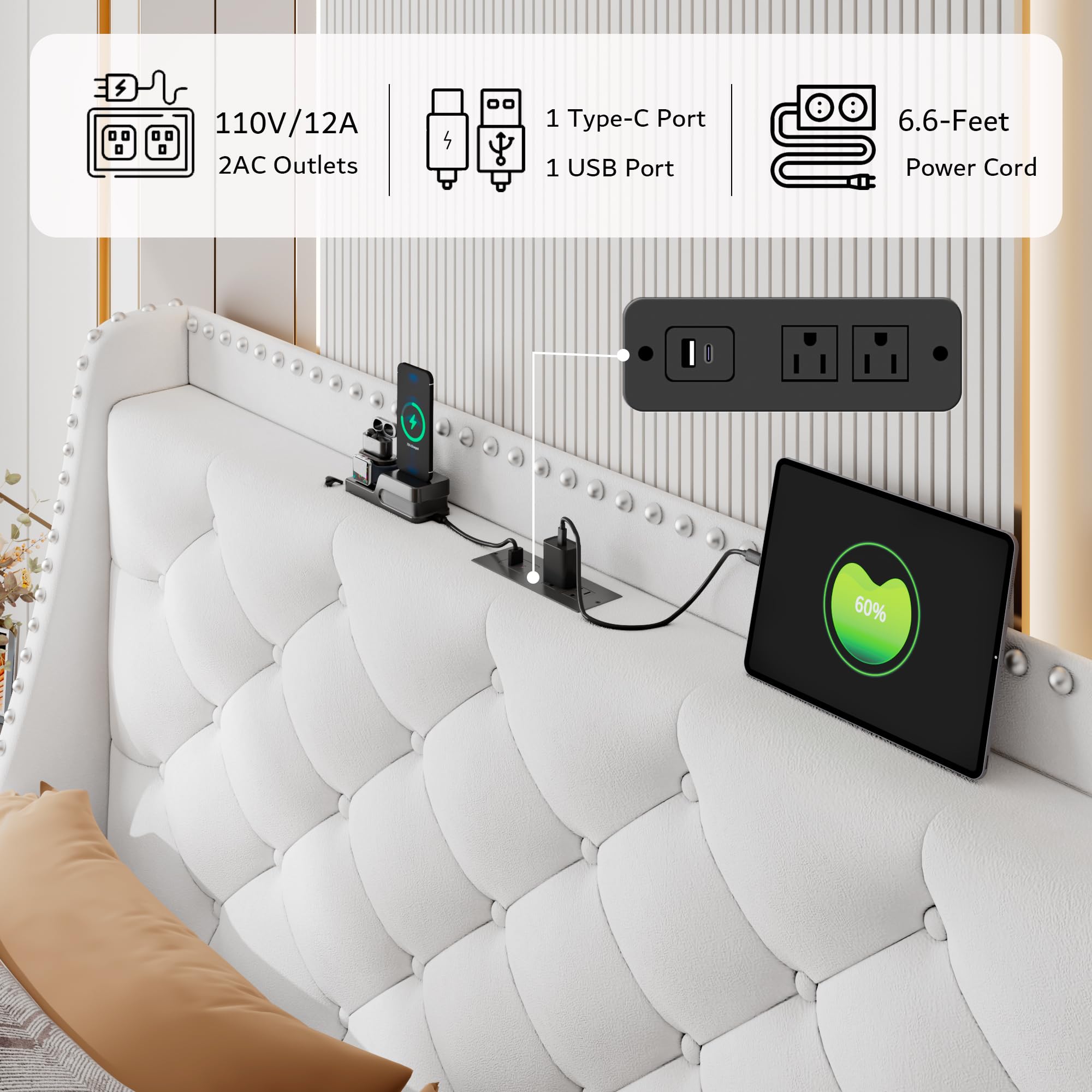 iPormis Full Bed Frame with Upholstered Wingback Button Tufted Storage Headboard