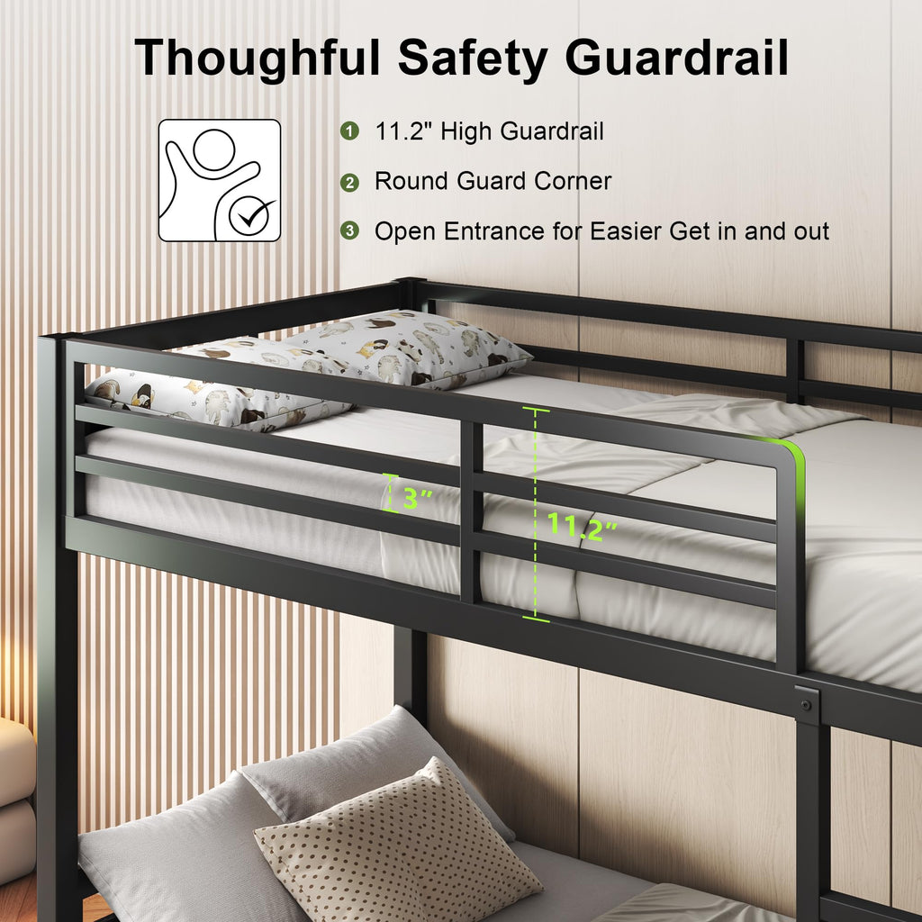 Feonase Metal Bunk Bed Twin Over Twin with Ladder and High Guardrail