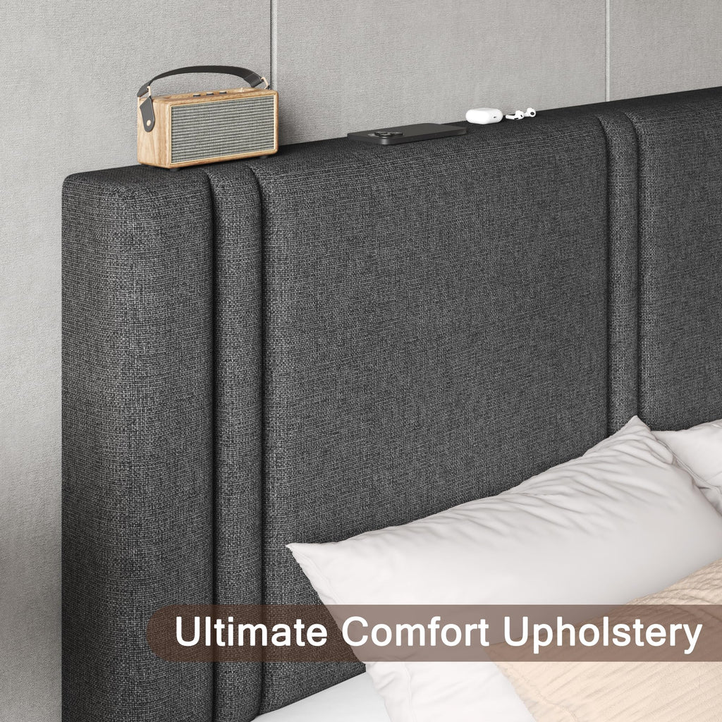 Upholstered Twin Size Bed Frame with Linen Fabric Headboard