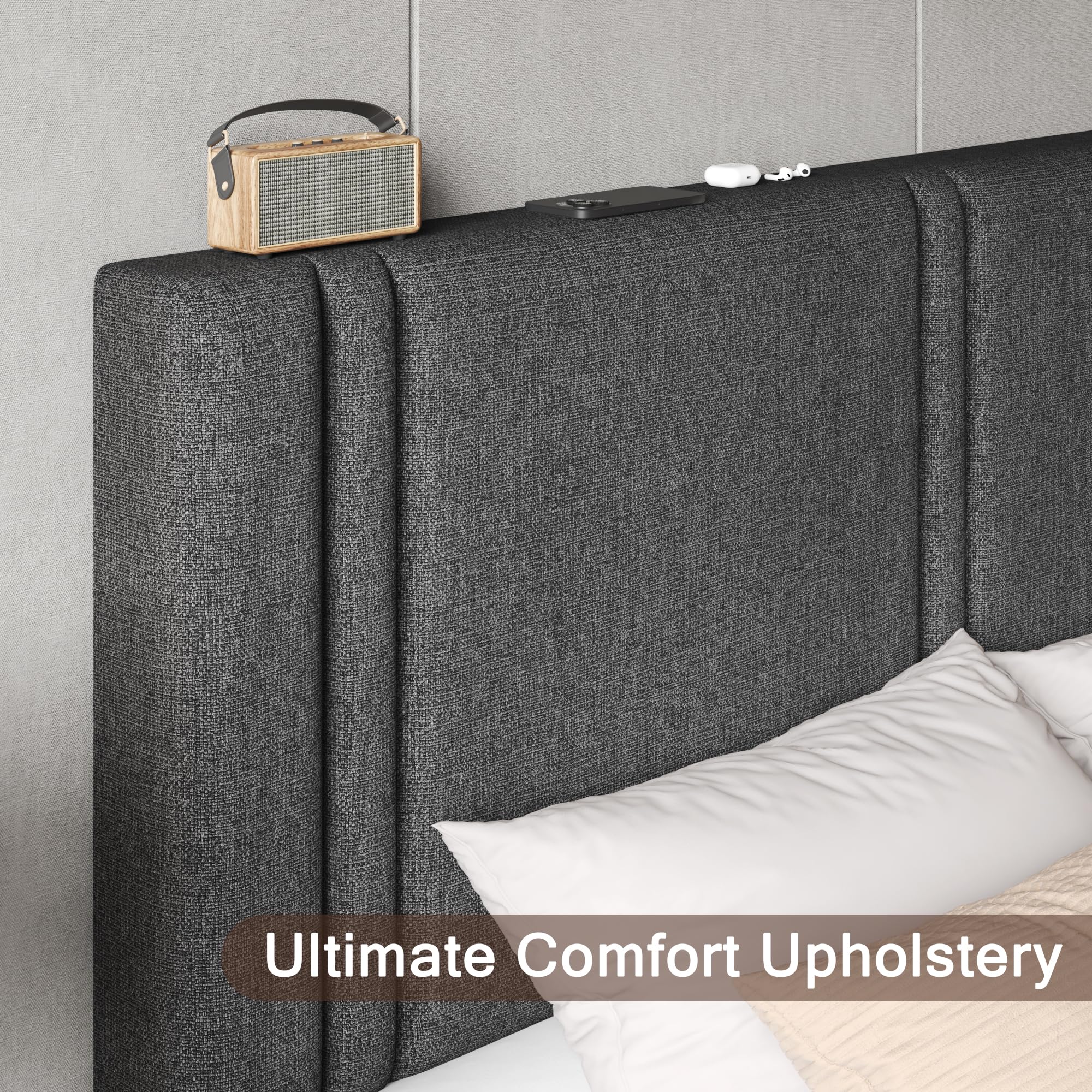 Upholstered Twin Size Bed Frame with Linen Fabric Headboard