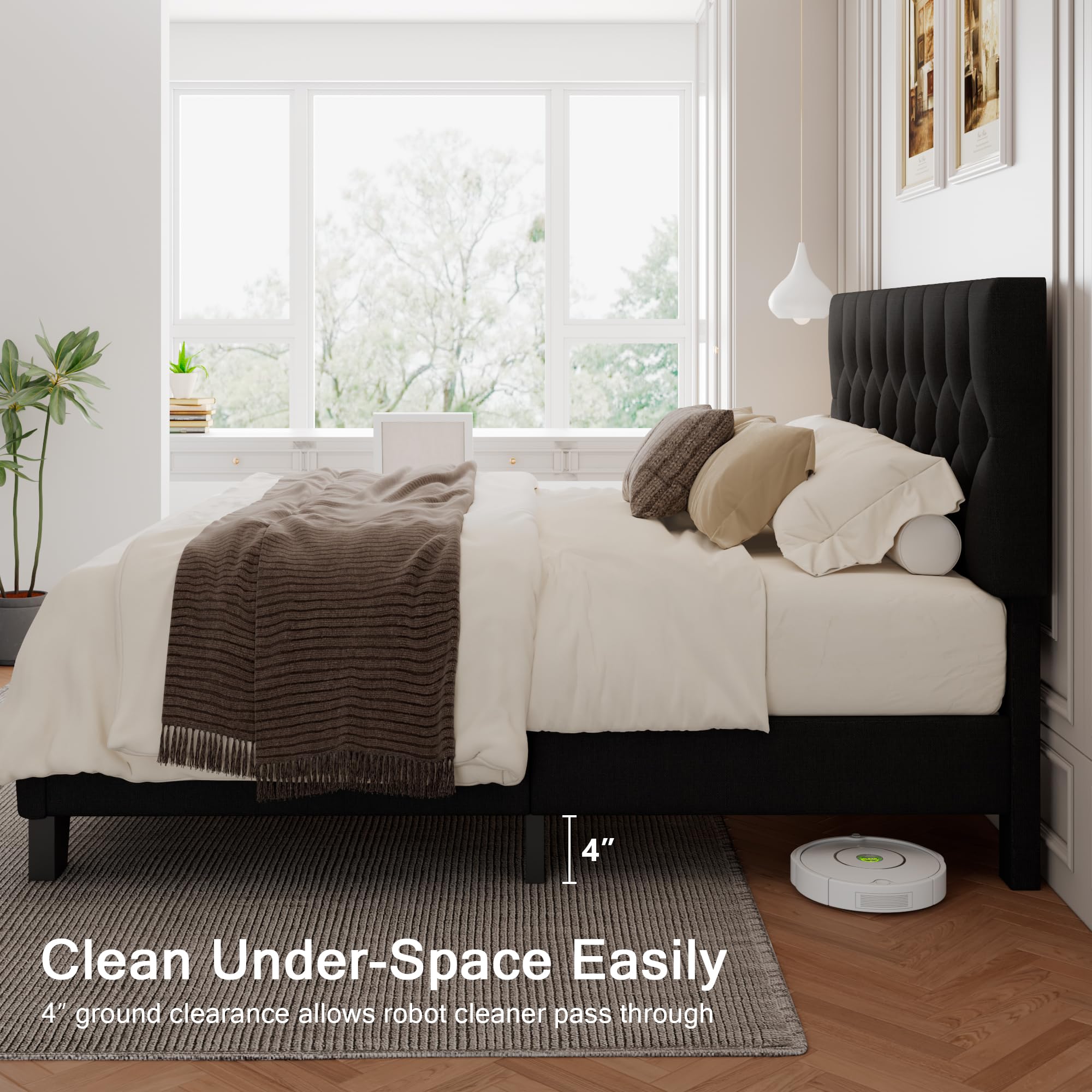 Velvet Bed Frame with Headboard, Button Tufted Upholstered Bed Base