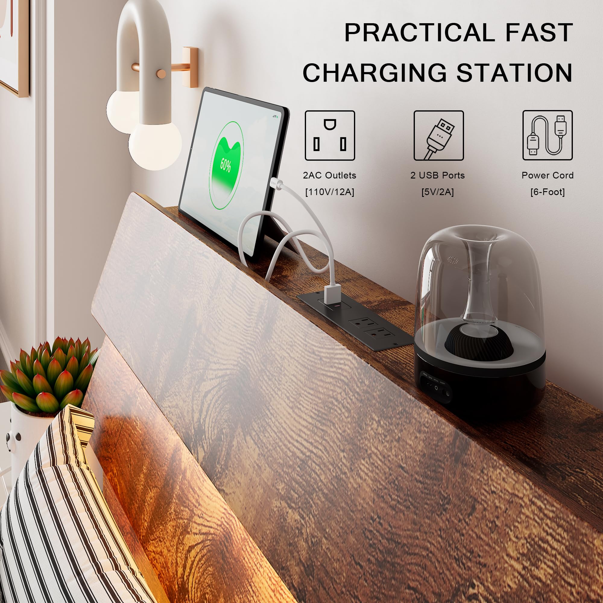 Bed Frame with Charging Station, Led Bed Frame with Wood Storage Headboard