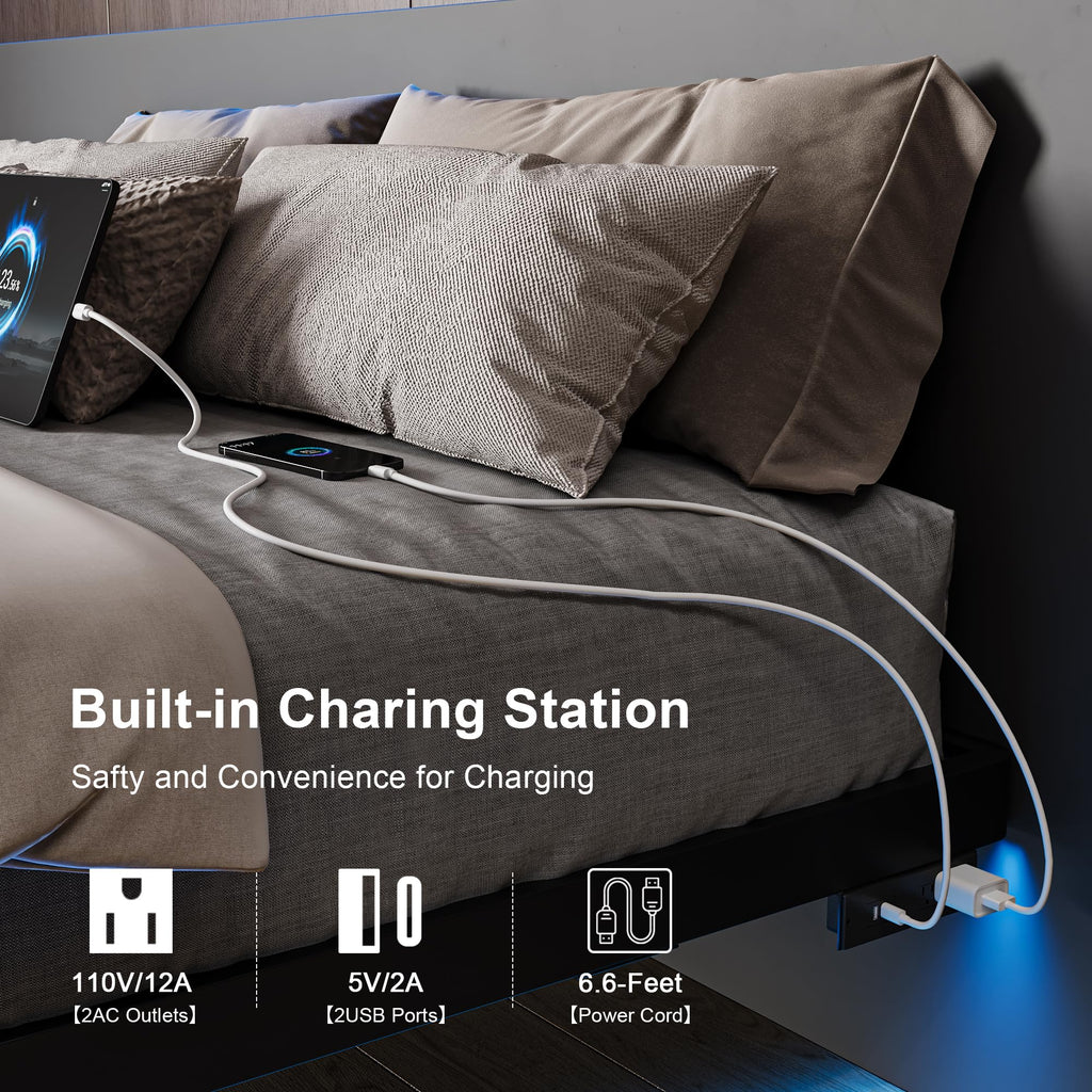 Feonase Floating Bed Frame with Charging Station and Led Lights