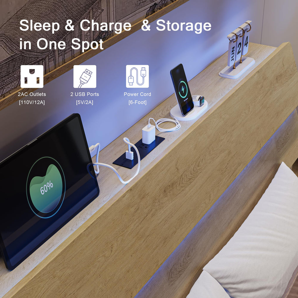 Bed Frame with Charging Station, Led Bed Frame with Wood Storage Headboard