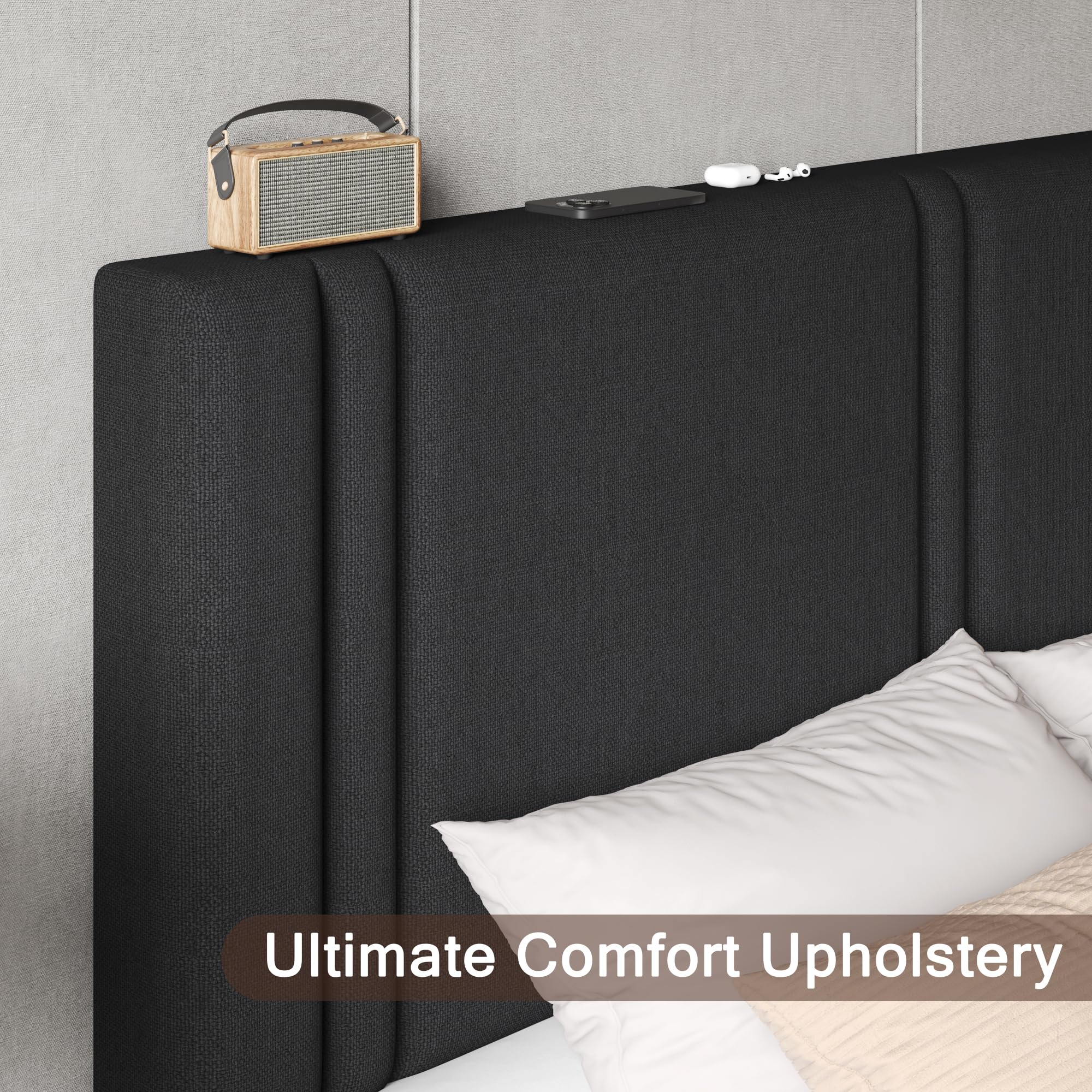 Upholstered Twin Size Bed Frame with Linen Fabric Headboard