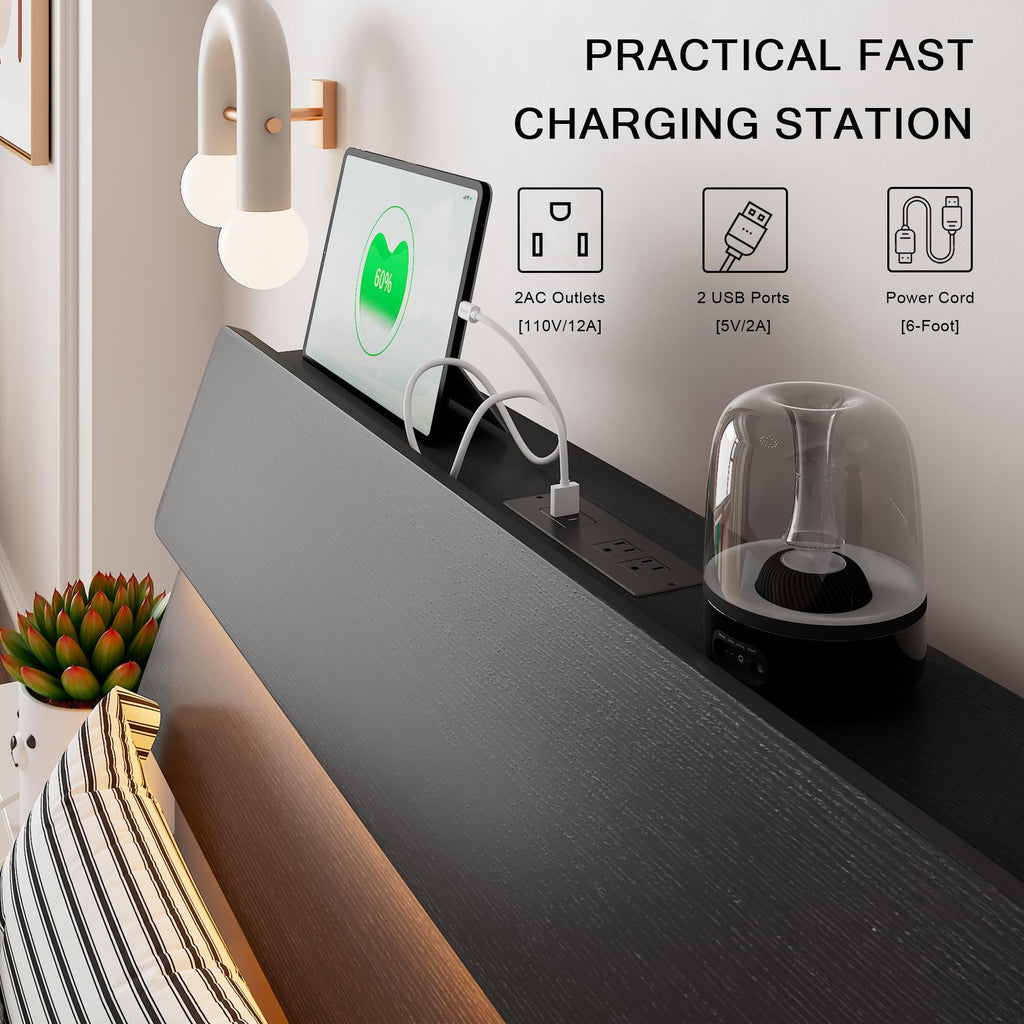 Bed Frame with Charging Station, Led Bed Frame with Wood Storage Headboard