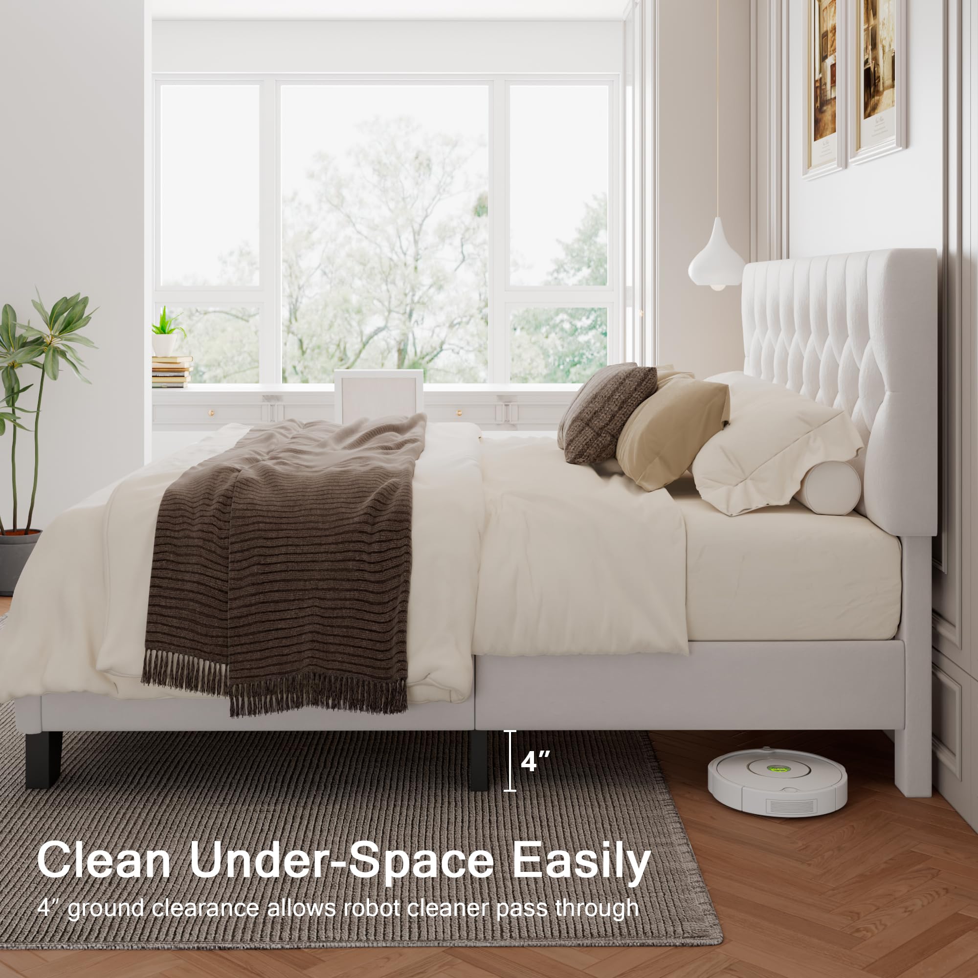 Velvet Bed Frame with Headboard, Button Tufted Upholstered Bed Base