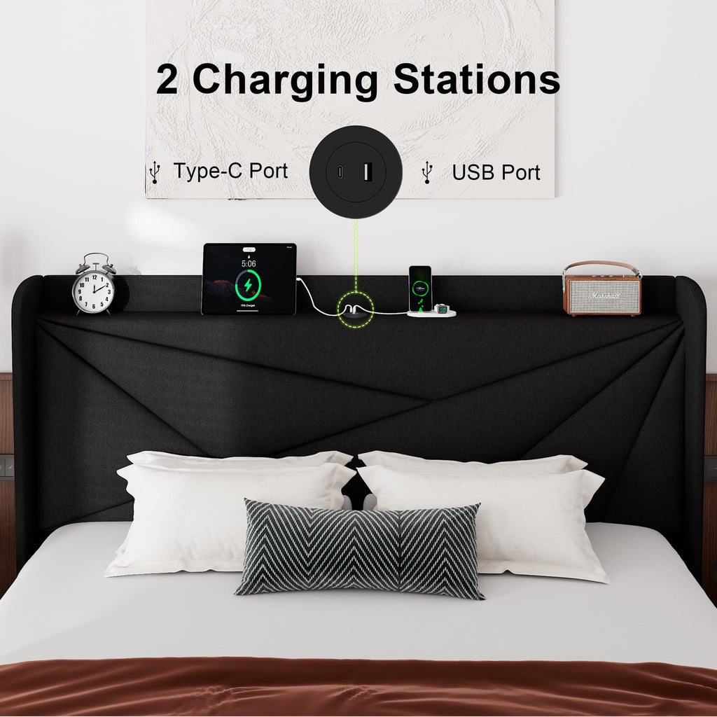 Feonase King Size Bed Frame, Modern Bed Frame with Charging Station