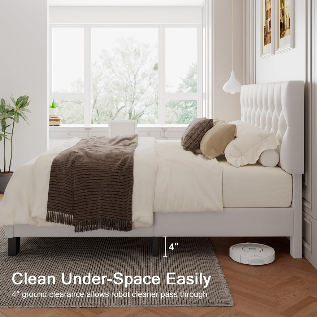 Velvet Bed Frame with Headboard, Button Tufted Upholstered Bed Base